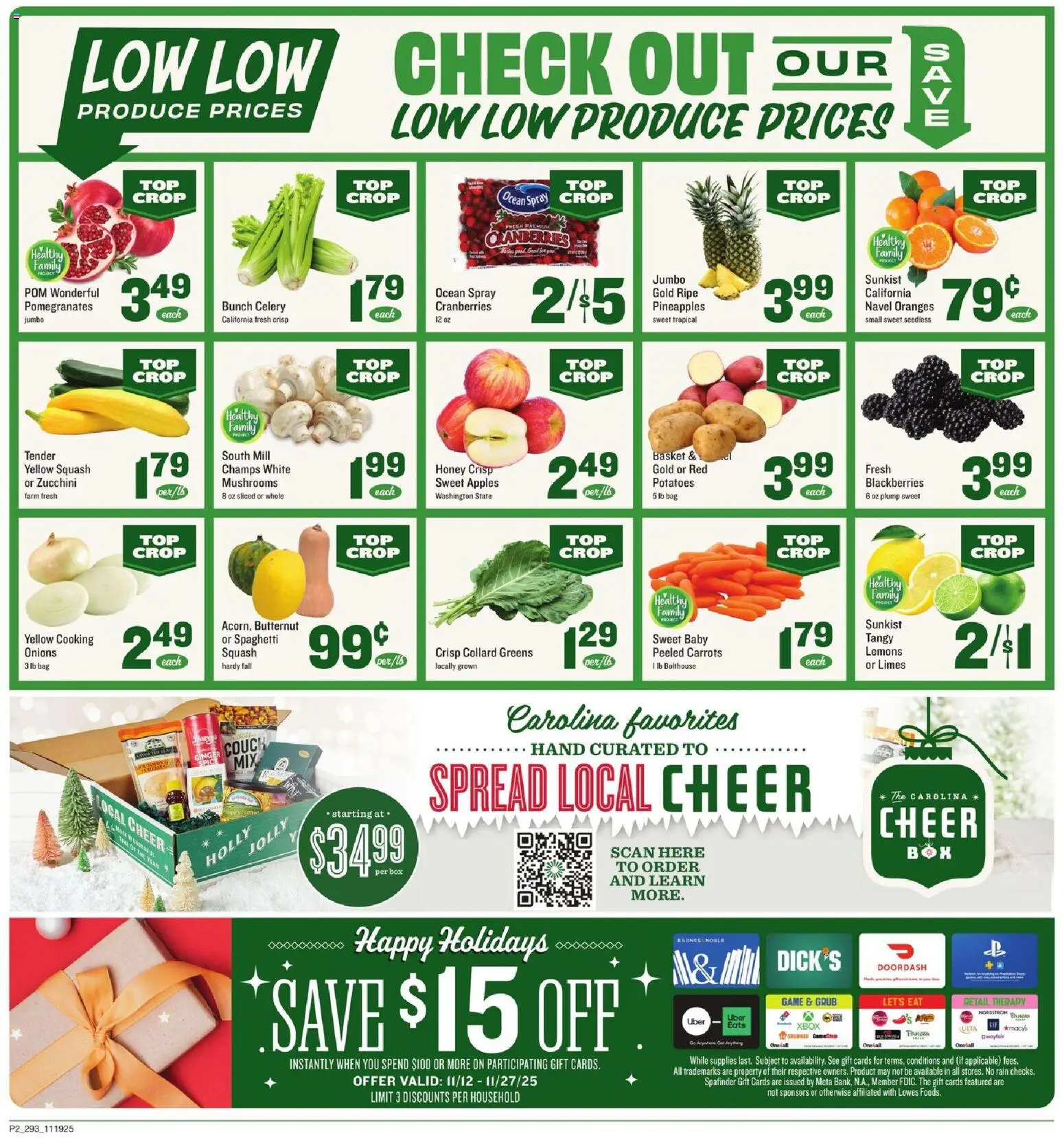 Lowes Foods Weekly Ad - SC - valid from 19.11.2025 | Page: 2 | Products: Ginger, Mushrooms, Basket, Greens