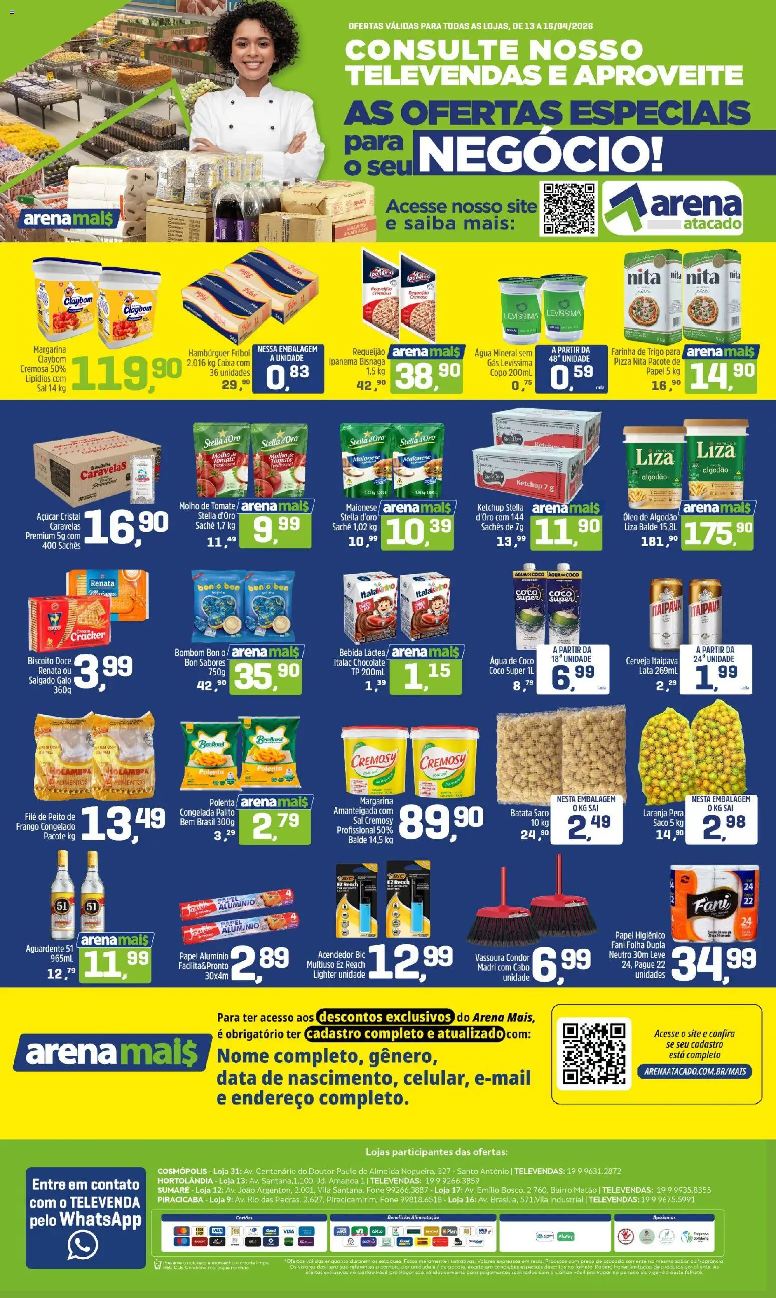 Arena Atacado Folheto - válido de 13.04.2026 | Página: 1 | Produtos: Pizza, Sal, Bombom, Balde