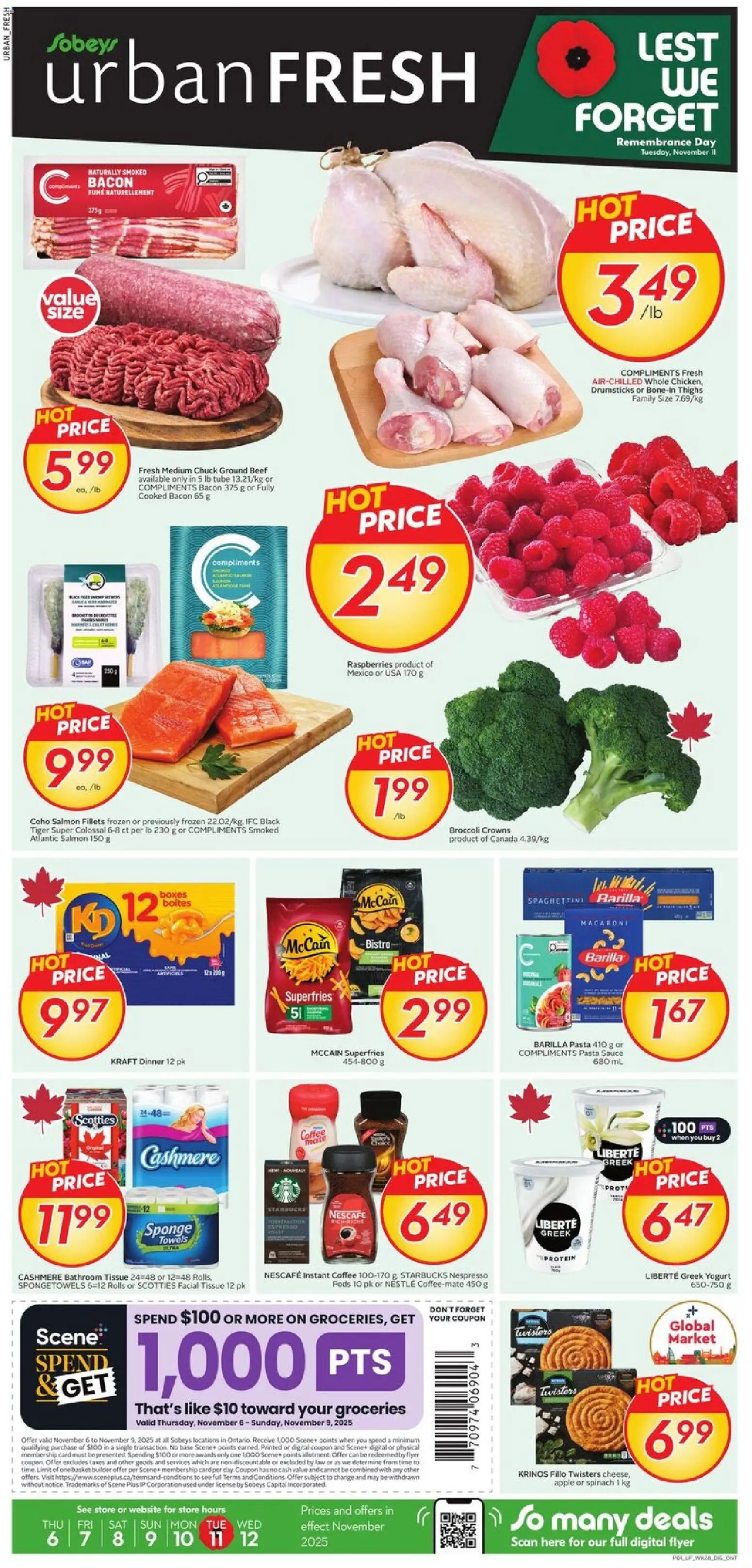 Sobeys flyer valid from 06.11.2025 | Page: 1 | Products: Beef, Pasta, Sponge, Yogurt