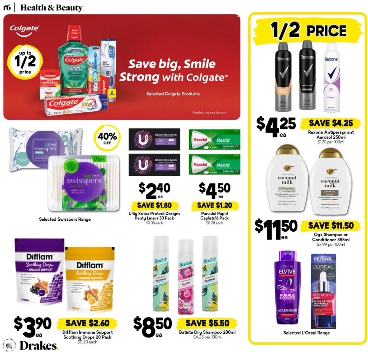 Drakes catalogue - valid from 18.03.2026 | Page: 16 | Products: Milk, Shampoo, Conditioner, Antiperspirant