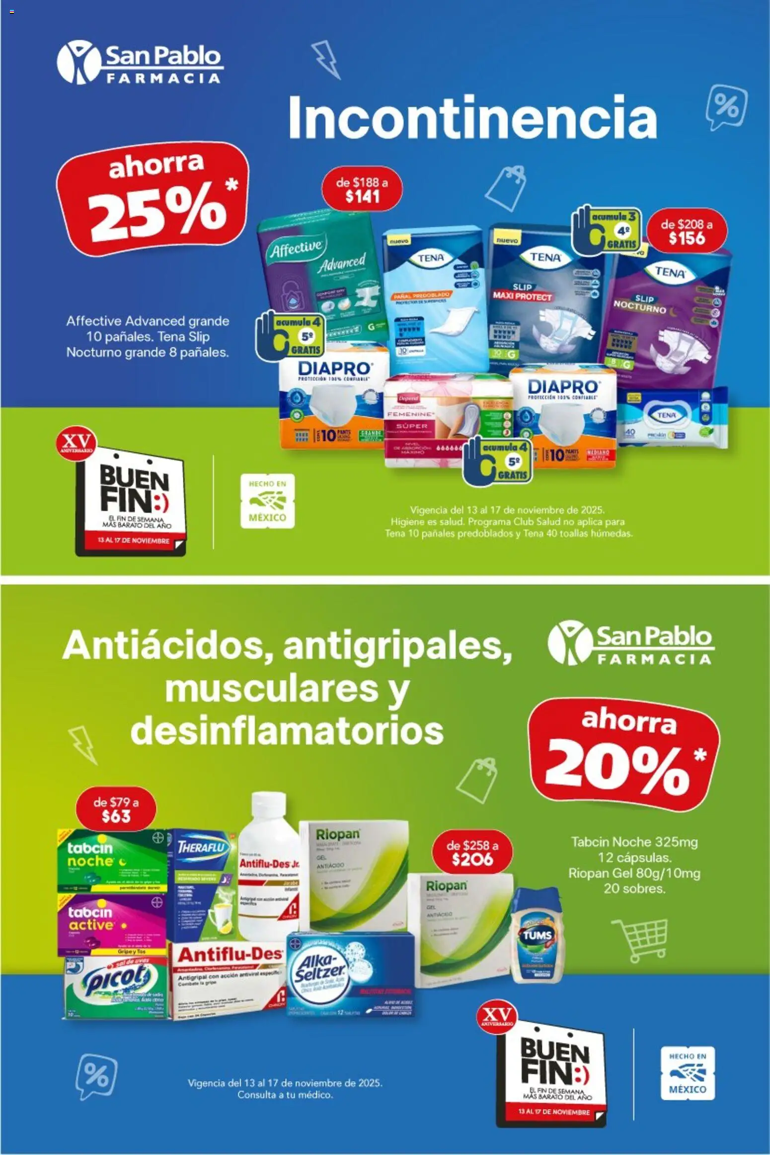 Nuevas ofertas de Farmacia San Pablo válidas en toda la República Mexicana desde el 13.11.2025. ¡Encuentra las mejores ofertas en Farmacia San Pablo Buen Fin! | Página: 5 | Productos: Pañales, Antiácido, Antigripal, Toallas