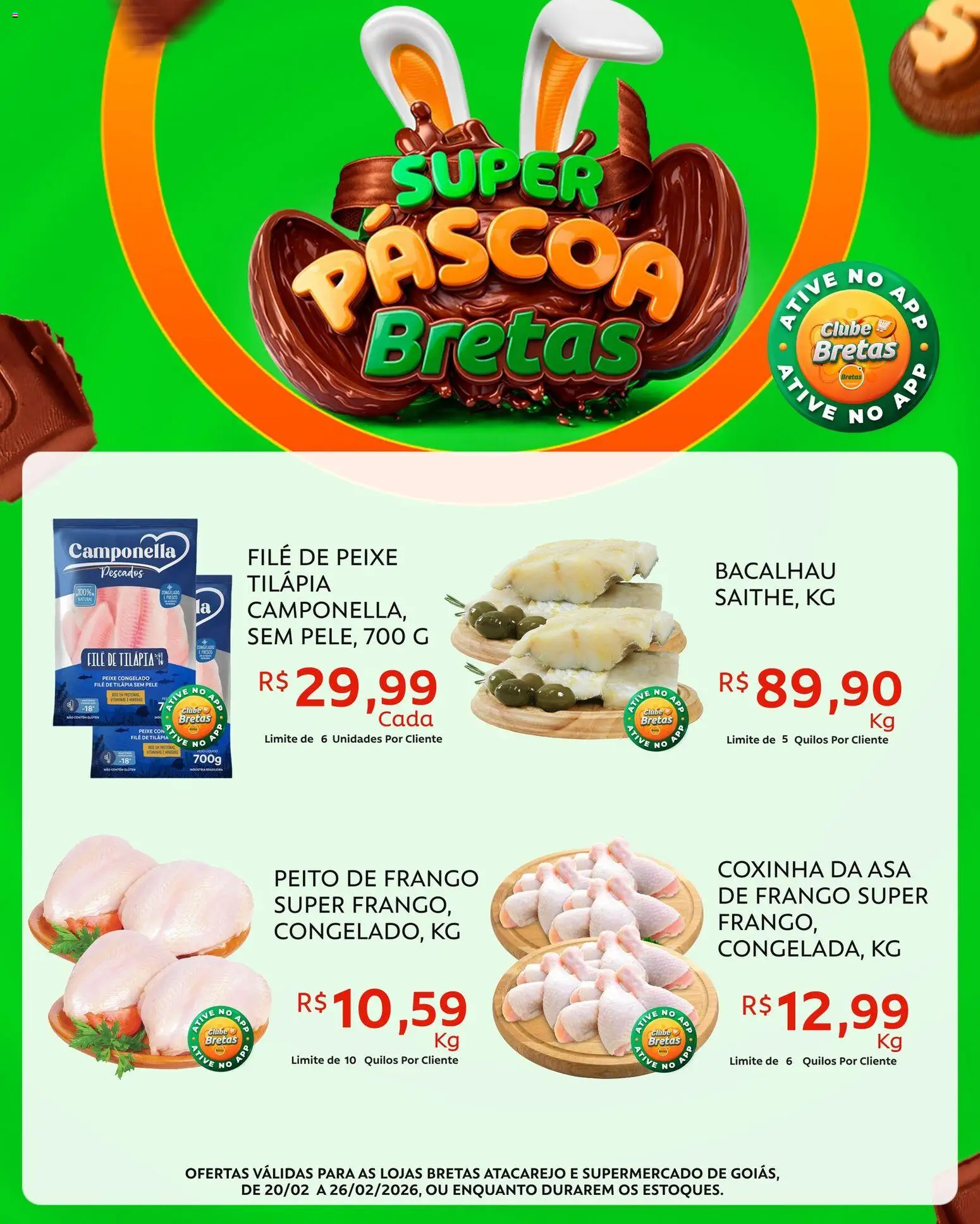 Bretas Folheto - válido de 20.02.2026 | Página: 1 | Produtos: Bacalhau, Tilápia, Frango, Peito de frango