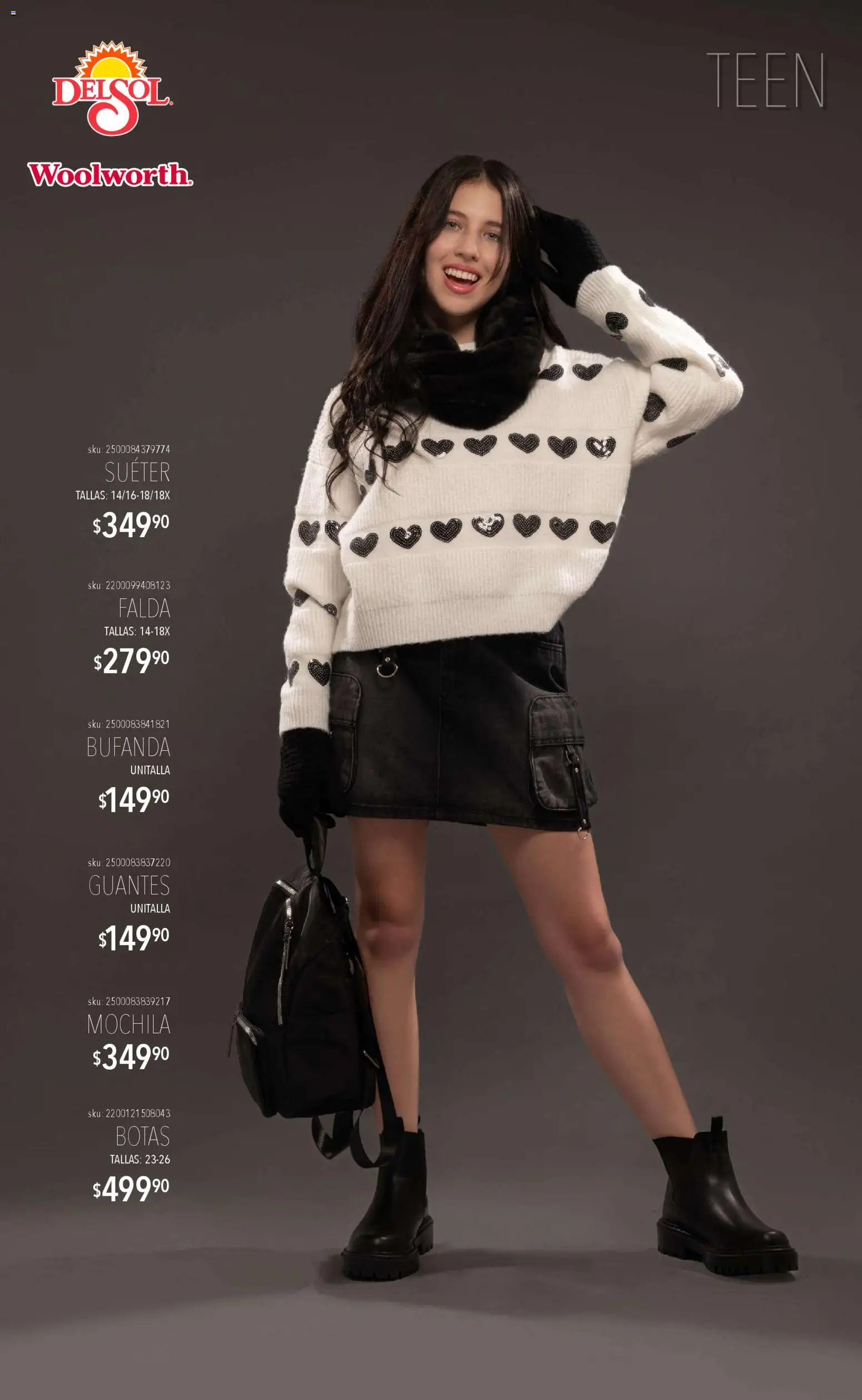 Nuevas ofertas de Del Sol y Woolworth válidas en toda la República Mexicana desde el 06.11.2025. ¡Encuentra las mejores ofertas en Del Sol y Woolworth catálogo Luce el Invierno! | Página: 10 | Productos: Suéter, Botas, Guantes, Falda