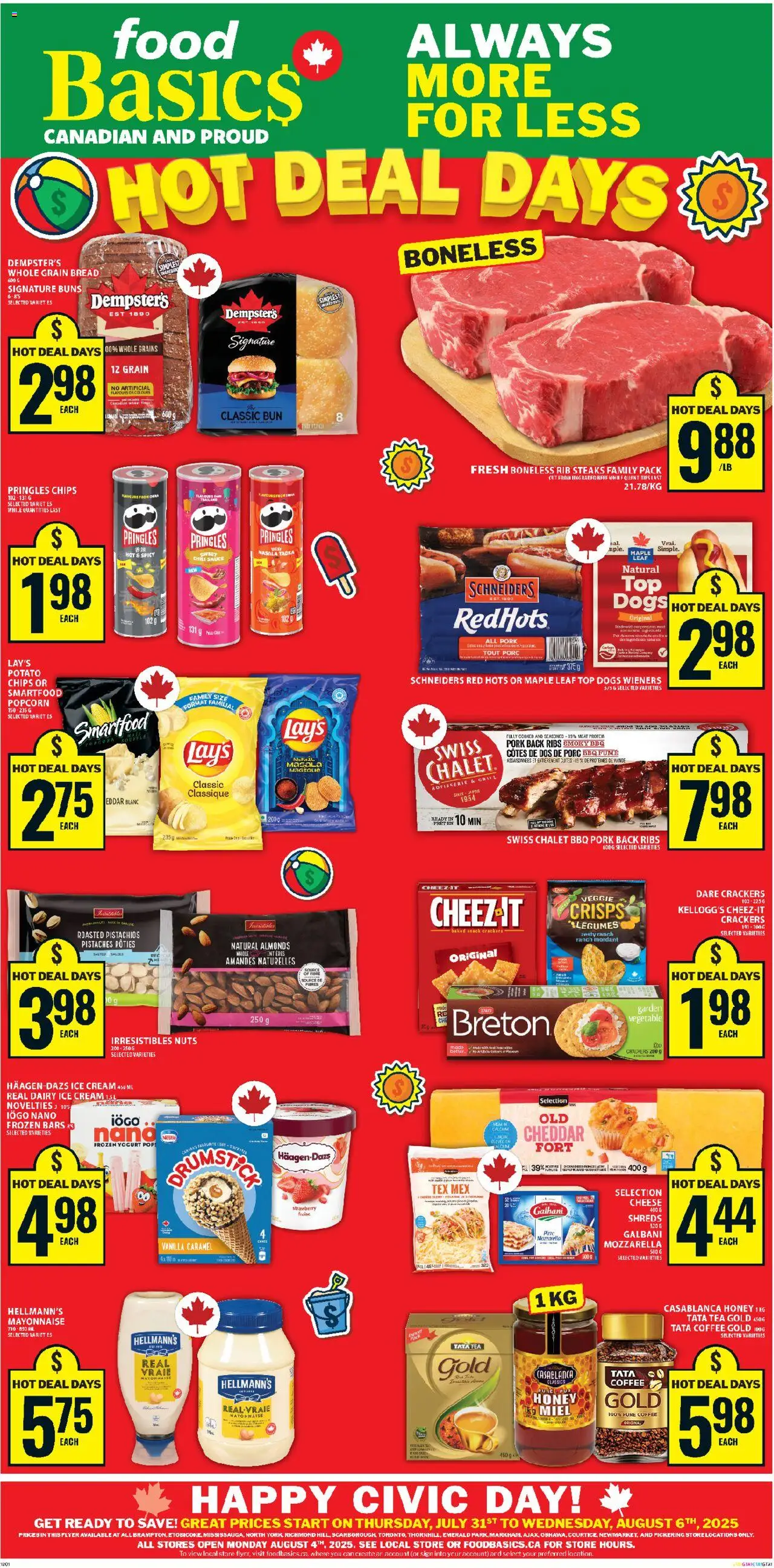 Food Basics flyer valid from 31.07.2025 | Page: 1 | Products: Chips, Nuts, Ice cream, Yogurt