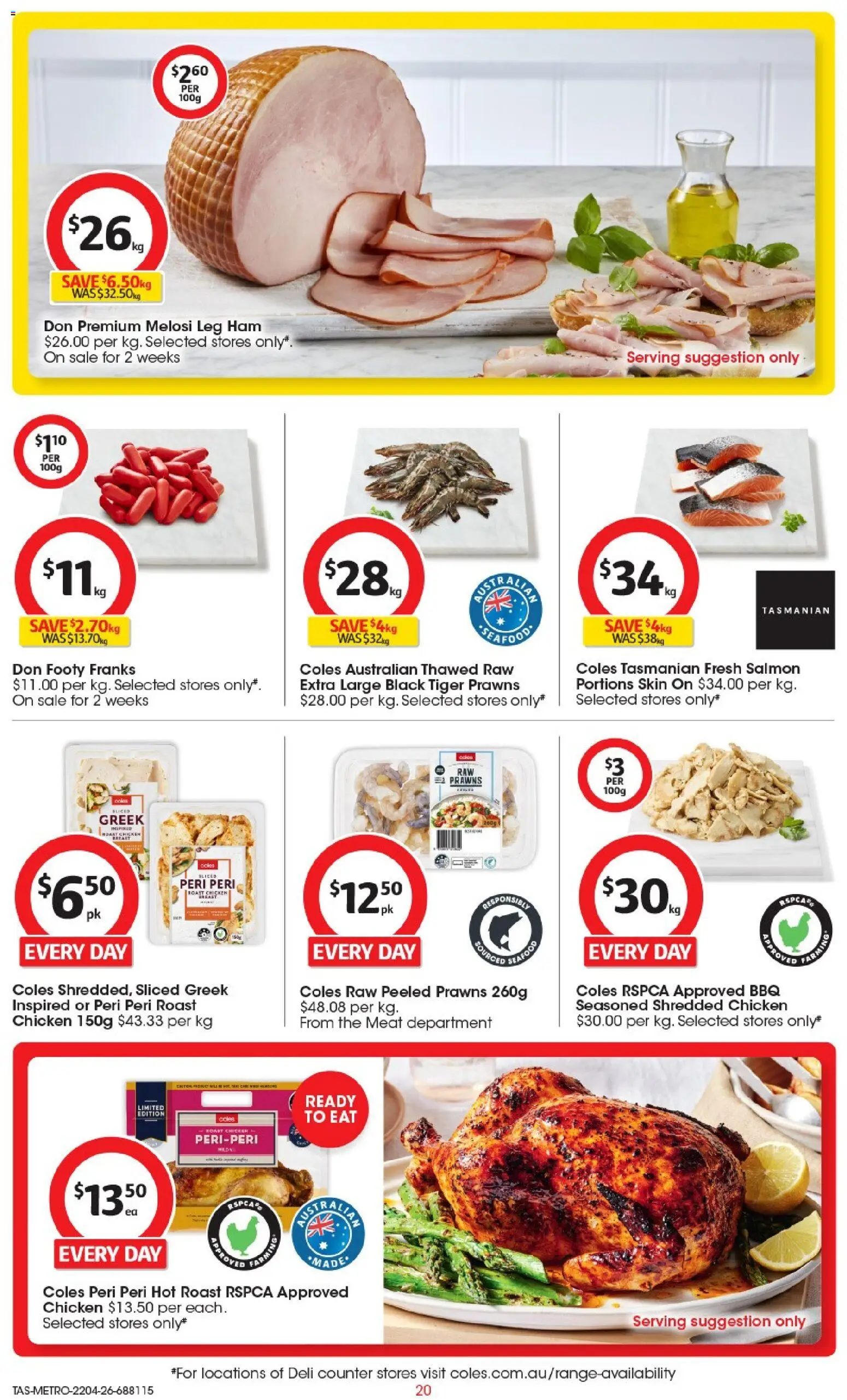 Coles catalogue - valid from 22.04.2026 | Page: 20 | Products: Ham, Chicken, Meat, Prawns