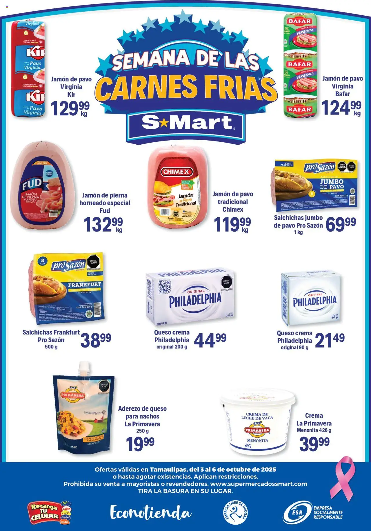 Nuevas ofertas de S-Mart válidas en toda la República Mexicana desde el 03.10.2025. ¡Encuentra las mejores ofertas en S-Mart - Folleto de Feria - Matamoros! | Página: 6 | Productos: Salchicha, Queso crema, Crema, Jamón