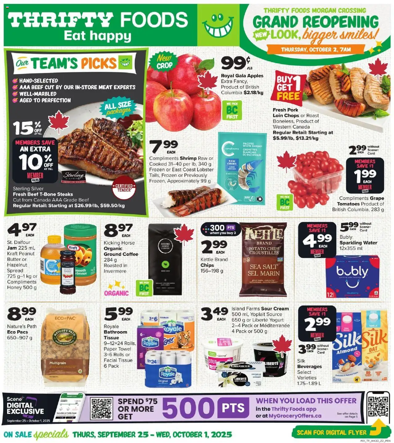 Thrifty Foods flyer valid from 25.09.2025 | Page: 1 | Products: Sour cream, Beef, Butter, Pork