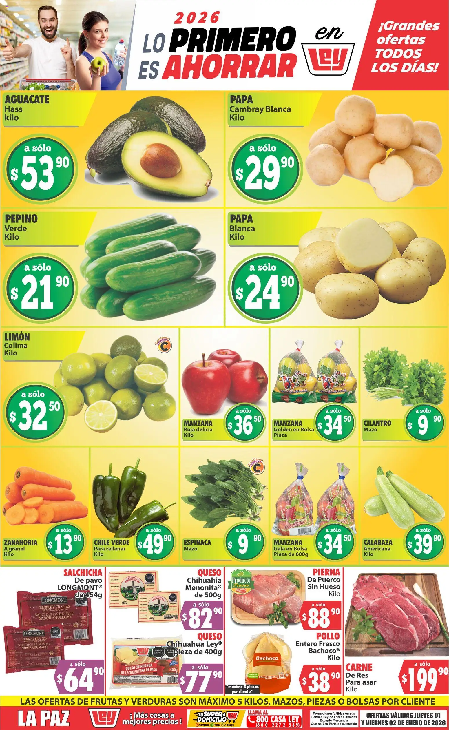 Nuevas ofertas de Casa Ley válidas en toda la República Mexicana desde el 01.01.2026. ¡Encuentra las mejores ofertas en Casa Ley folleto Las ofertas de frutas y verduras La Paz! | Página: 1 | Productos: Salchicha, Bolsa, Manzana, Espinaca