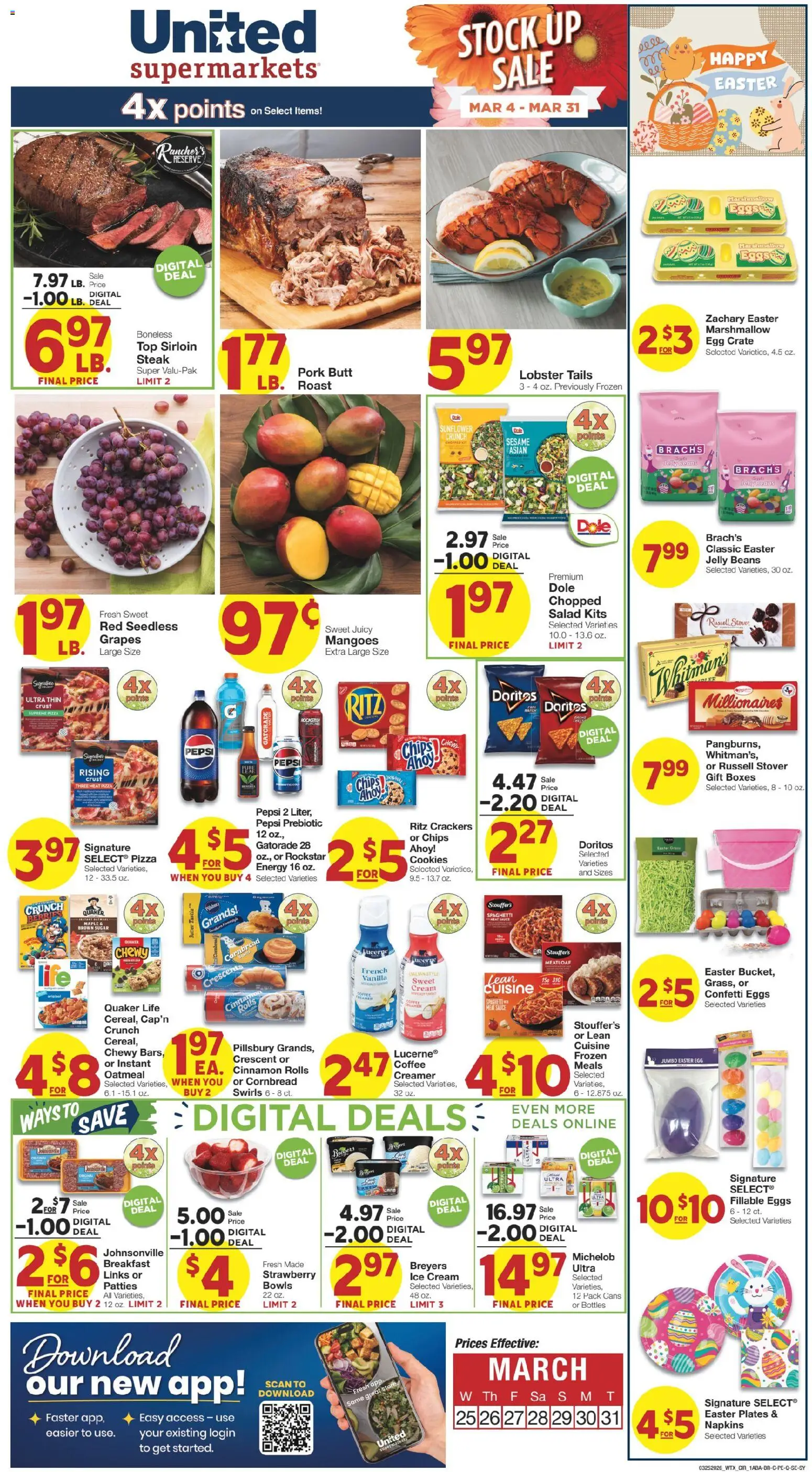 United Supermarkets Weekly Ad - valid from 24.03.2026 | Page: 1 | Products: Pork, Cookies, Ice cream, Salad
