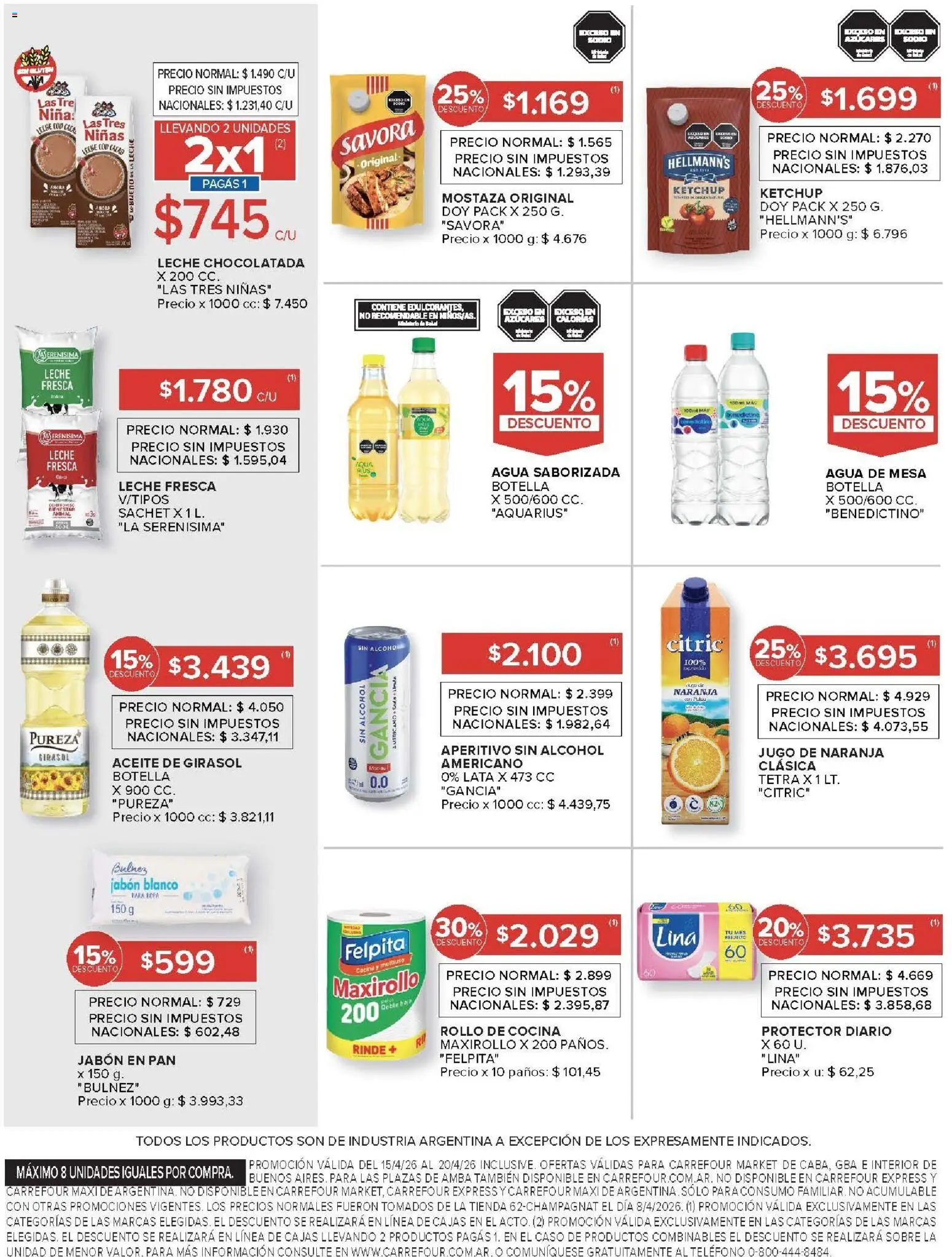 Carrefour ofertas │ válido desde el 15.04.2026 | Página: 33 | Productos: Mesa, Aceite, Chocolatada, Agua saborizada