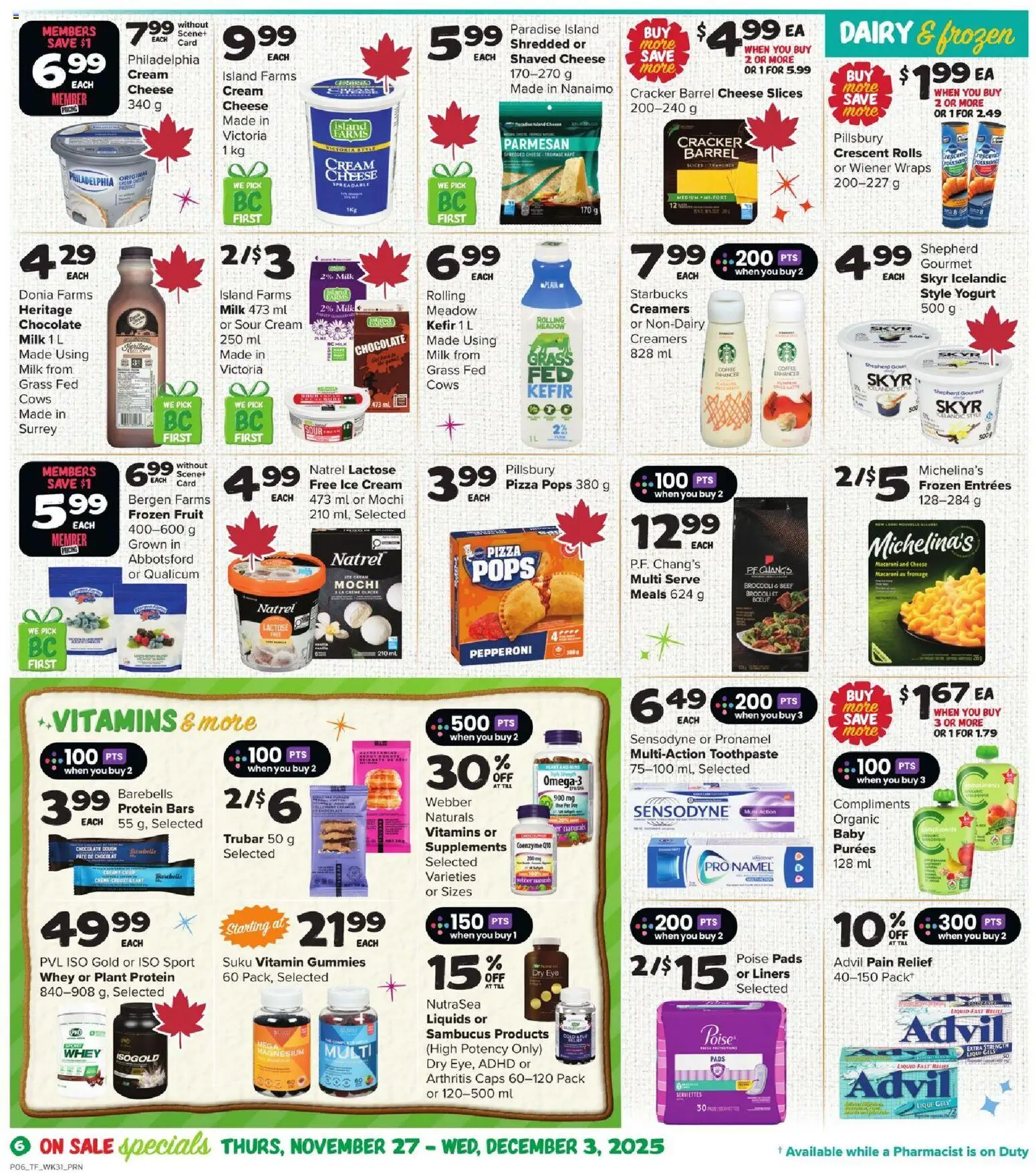 Thrifty Foods flyer valid from 27.11.2025 | Page: 7 | Products: Cream, Toothpaste, Milk, Pizza