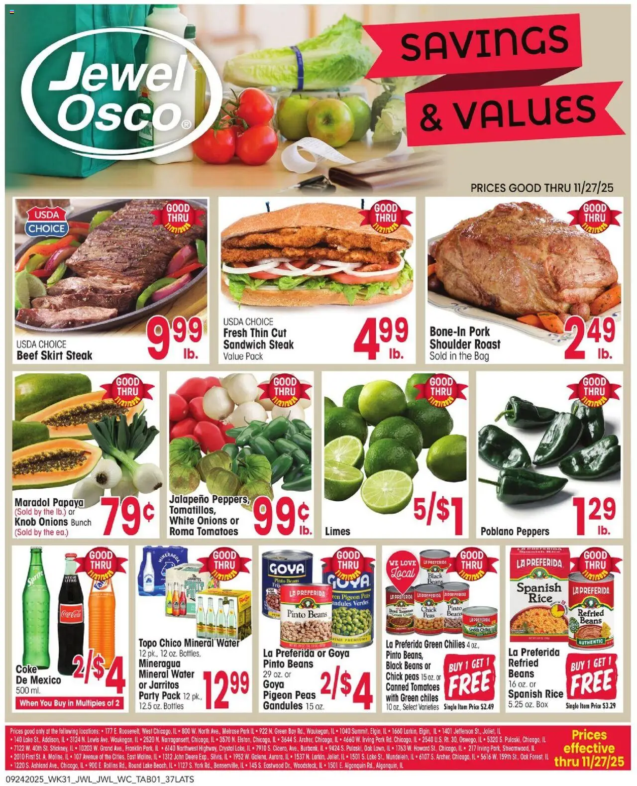 Jewel Osco Savings & Values - valid from 24.09.2025 | Page: 1 | Products: Rice, Beef, Water, Bag