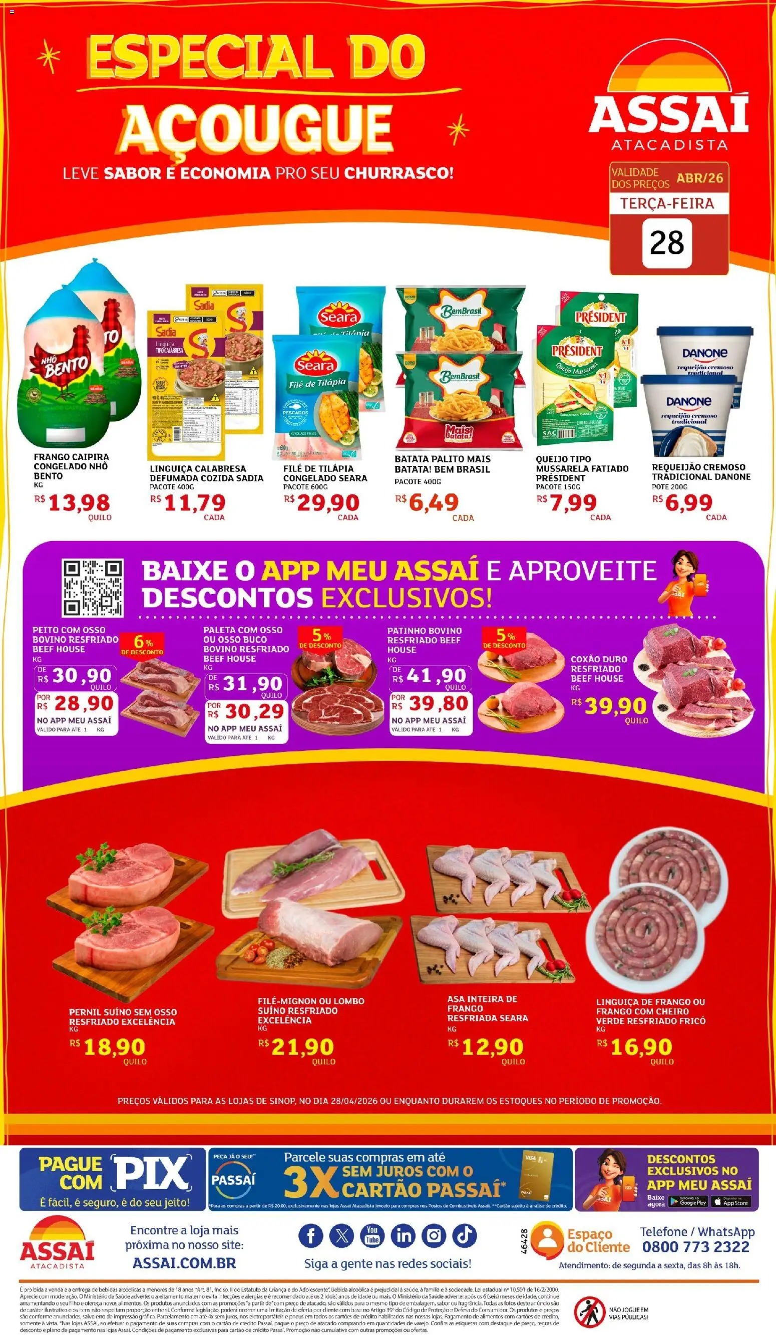 Assaí Atacadista Folheto - válido de 28.04.2026 | Página: 1 | Produtos: Base, Batata, Requeijão, Filé de tilápia