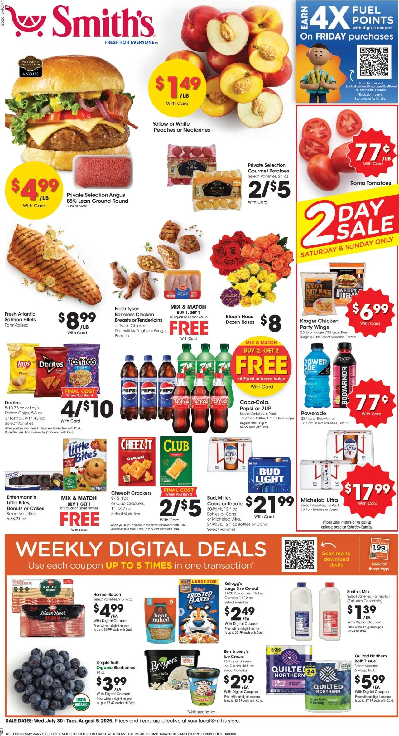 Smith's Weekly Ad - valid from 30.07.2025 | Page: 1 | Products: Peaches, Cream, Potatoes, Blueberries