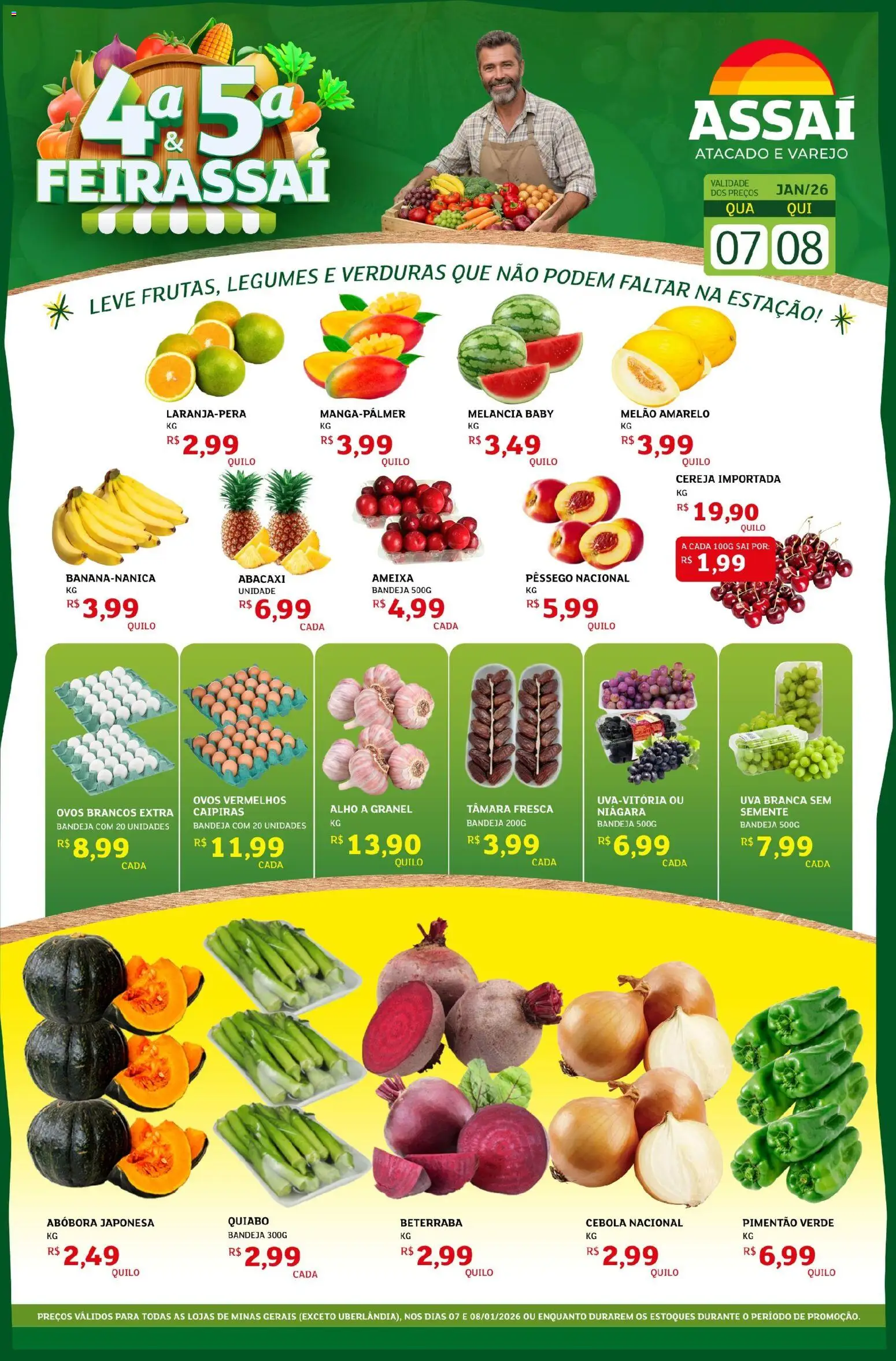 Assaí Atacadista Folheto - válido de 07.01.2026 | Página: 1 | Produtos: Pêssego, Alho, Cebola, Ovos