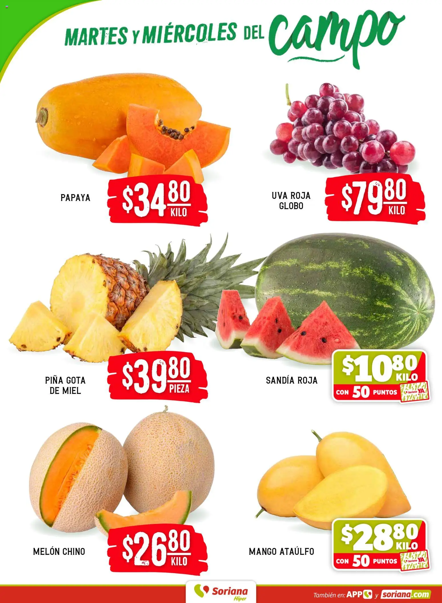 Nuevas ofertas de Soriana válidas en toda la República Mexicana desde el 24.03.2026. ¡Encuentra las mejores ofertas en Soriana Martes y Miércoles del Campo Híper: BCS, Son y Sin! | Página: 2 | Productos: Melón, Mango, Uva, Piña