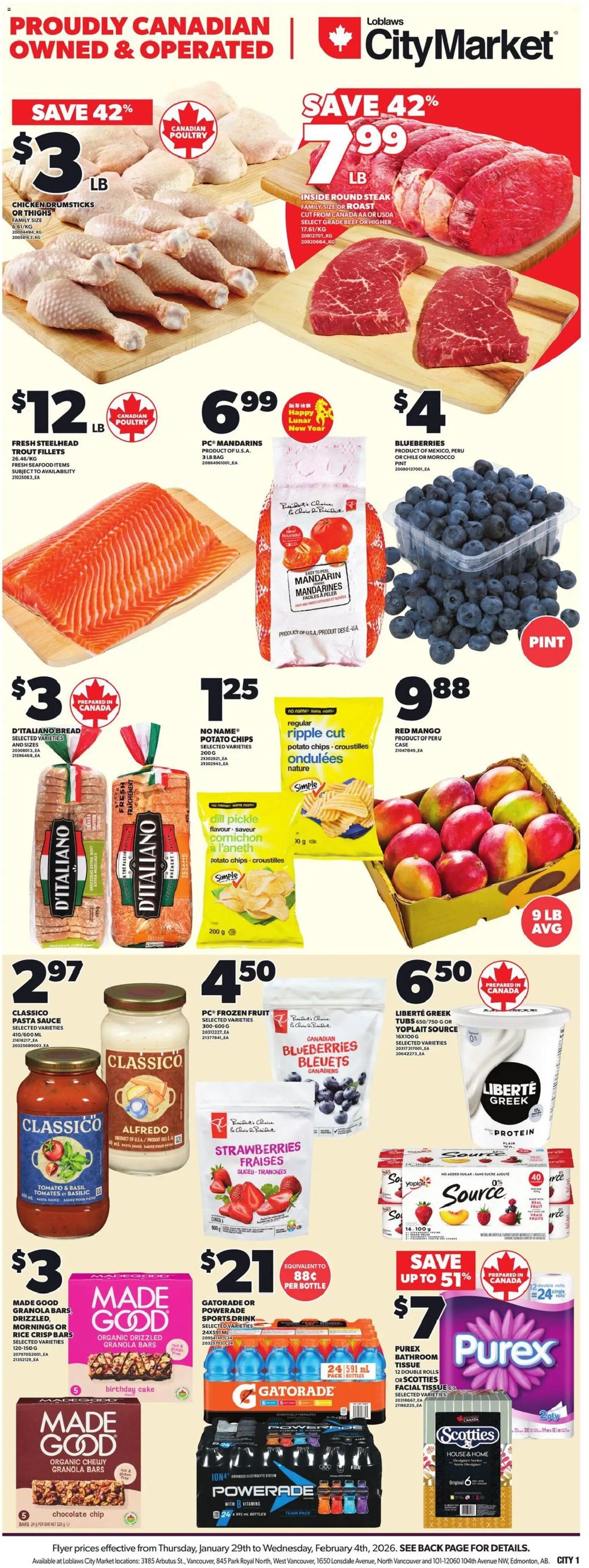 Loblaws flyer valid from 29.01.2026 | Page: 3 | Products: Strawberries, Chips, Chocolate, Chicken
