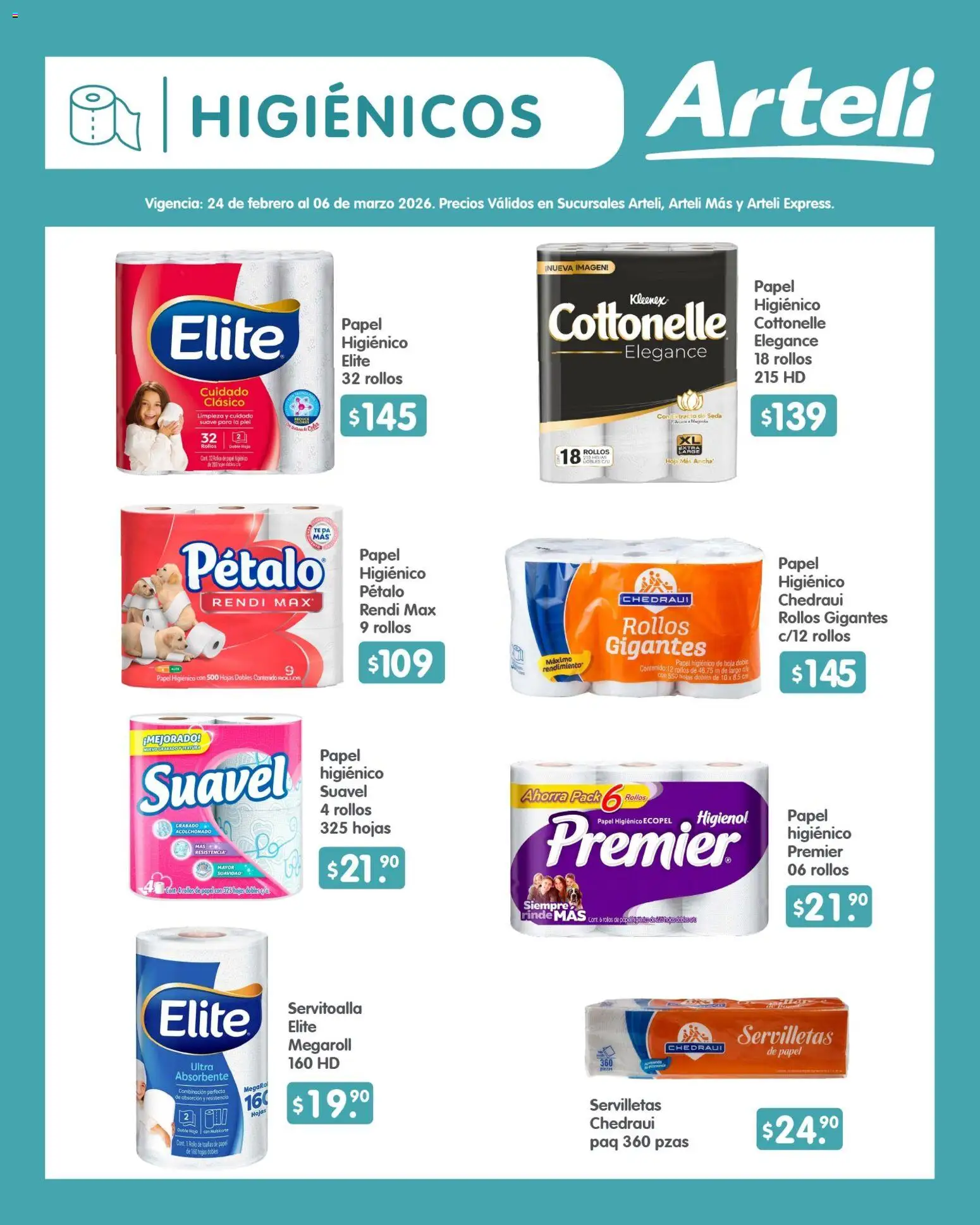 Nuevas ofertas de Arteli válidas en toda la República Mexicana desde el 24.02.2026. ¡Encuentra las mejores ofertas en Arteli folleto Quincenal! | Página: 15 | Productos: Papel higiénico, Servilletas