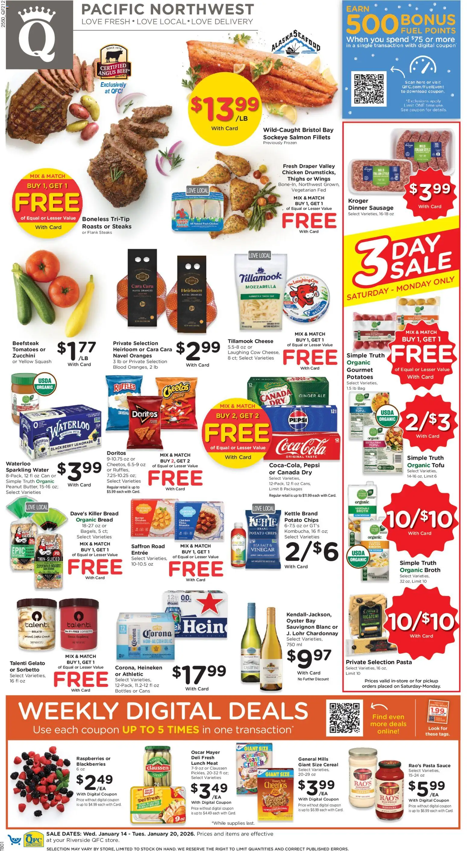 QFC Weekly Ad - WA - valid from 14.01.2026 | Page: 1 | Products: Vinegar, Zucchini, Bread, Salt