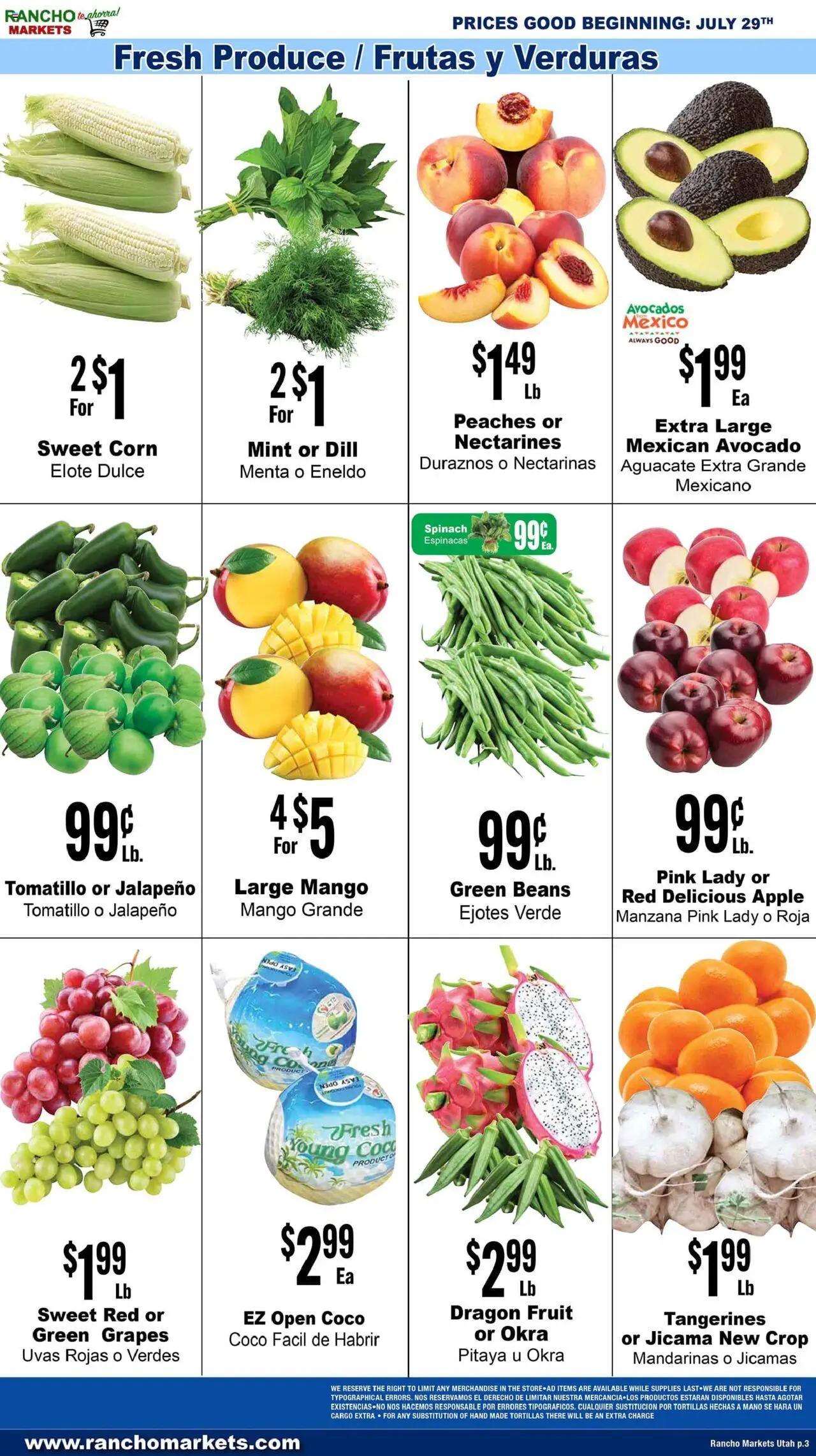 Rancho Markets Weekly Ad - valid from 29.07.2025 | Page: 3 | Products: Peaches, Spinach, Mango, Dill