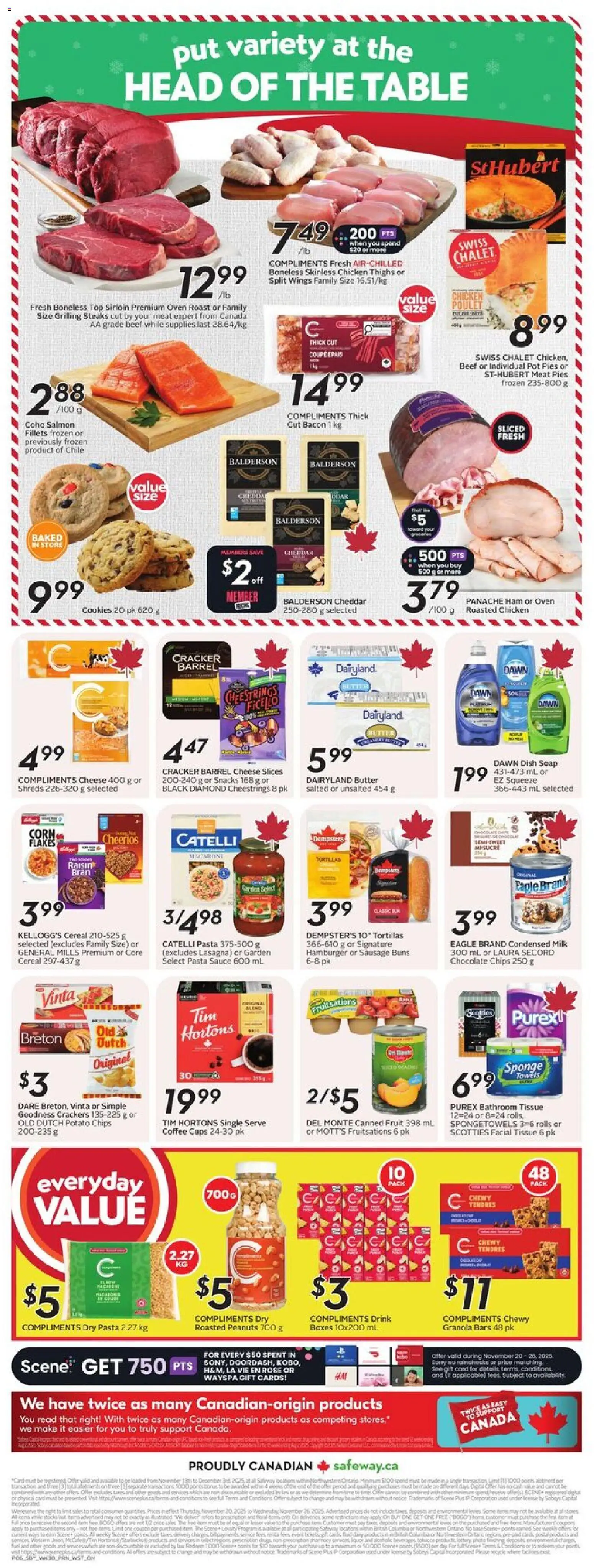Safeway flyer valid from 20.11.2025 | Page: 4 | Products: Beef, Soap, Cheese, Ham