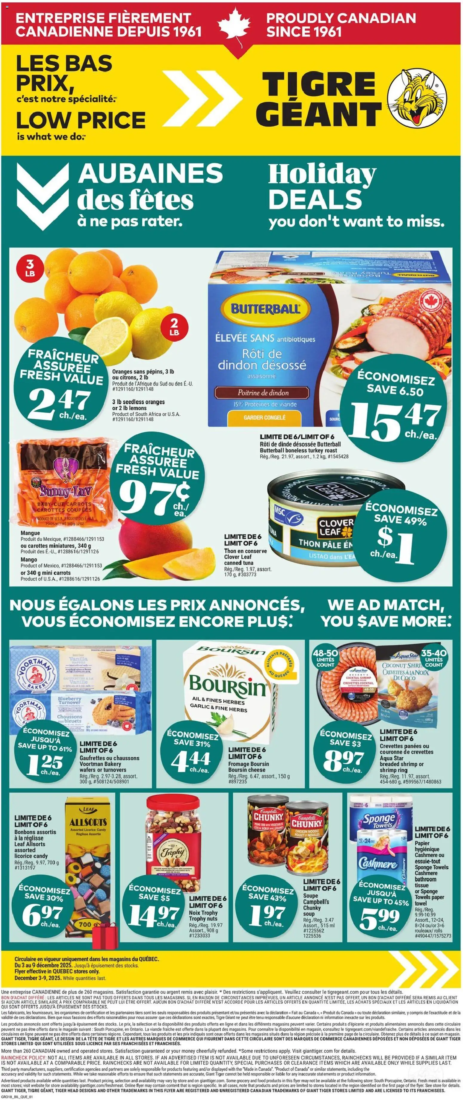 Giant Tiger flyer valid from 03.12.2025 | Page: 1 | Products: Turkey, Sponge, Chicken, Oranges