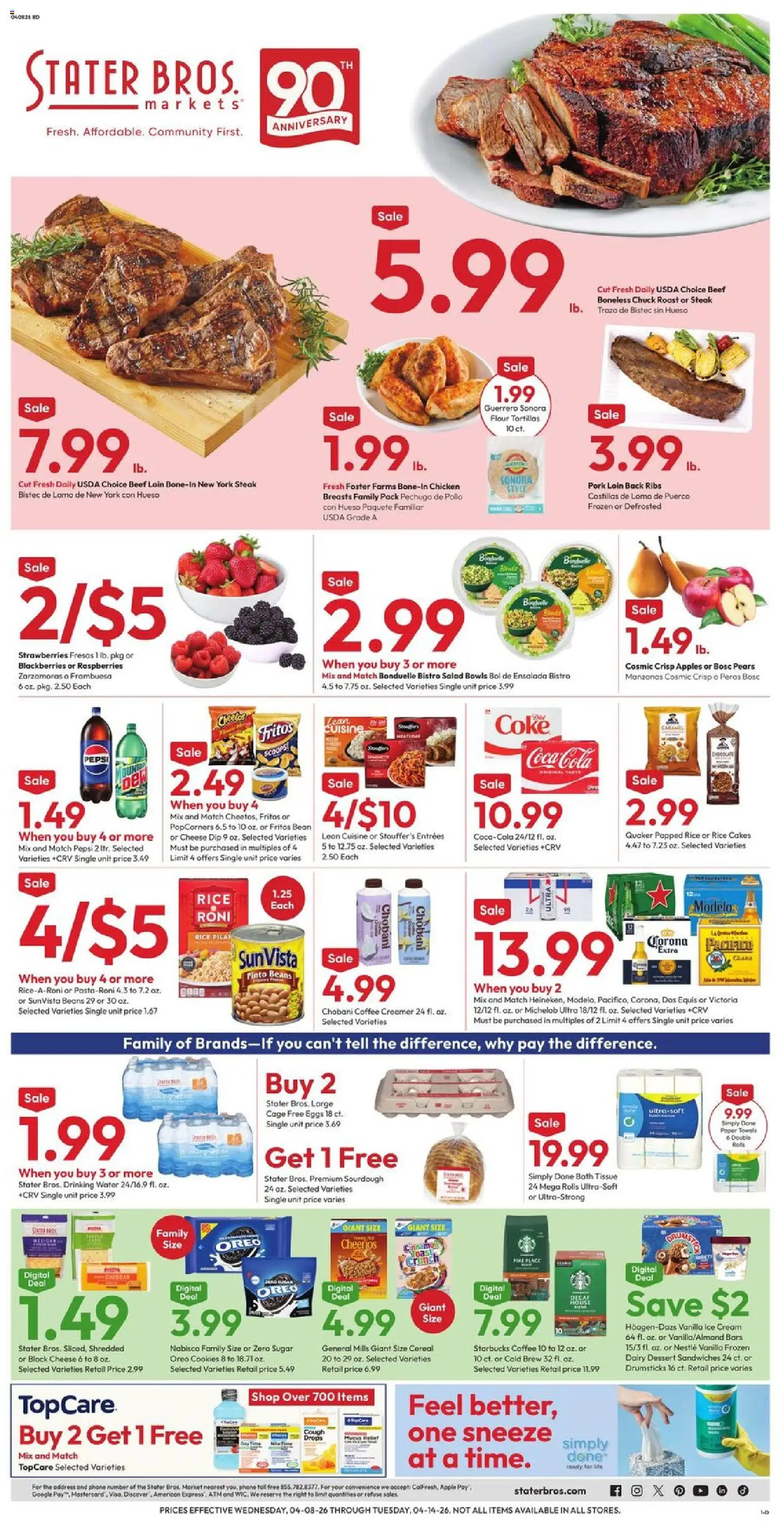 Stater Bros Weekly Ad - valid from 08.04.2026 | Page: 1 | Products: Cheese, Beef, Strawberries, Water
