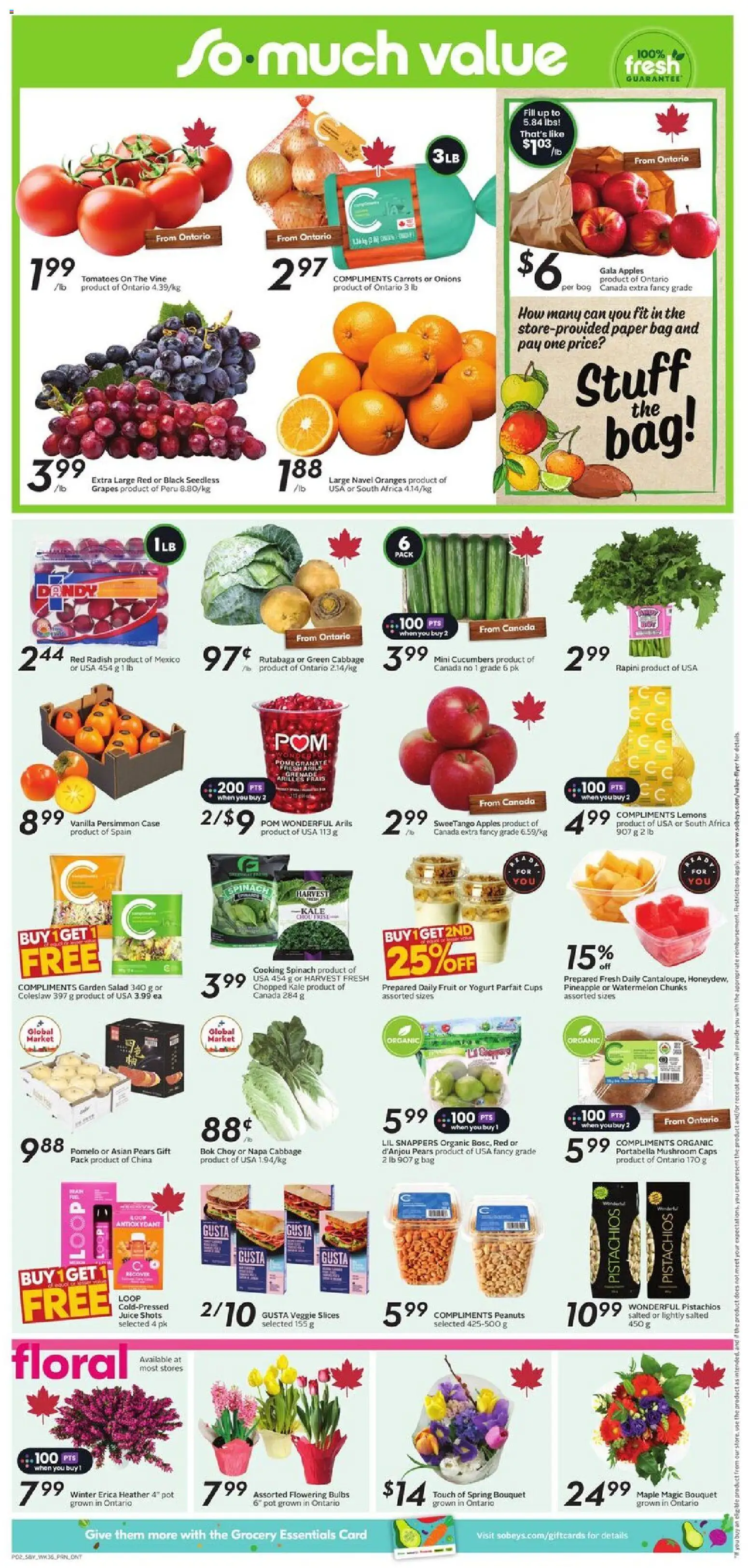 Sobeys flyer valid from 01.01.2026 | Page: 5 | Products: Cucumbers, Salad, Case, Juice