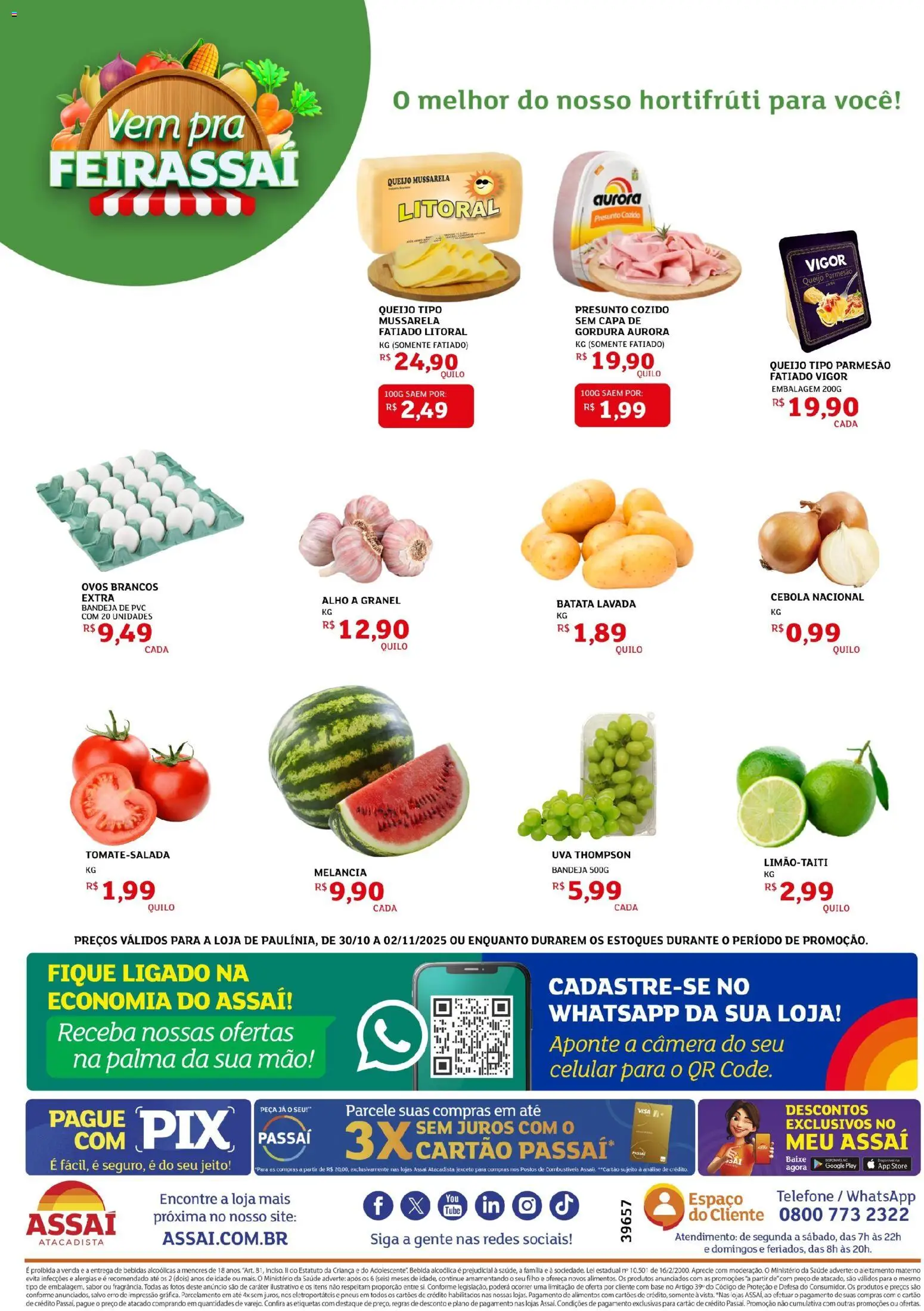 Assaí Atacadista Folheto - válido de 30.10.2025 | Página: 2 | Produtos: Cebola, Queijo, Queijo parmesão, Telefone