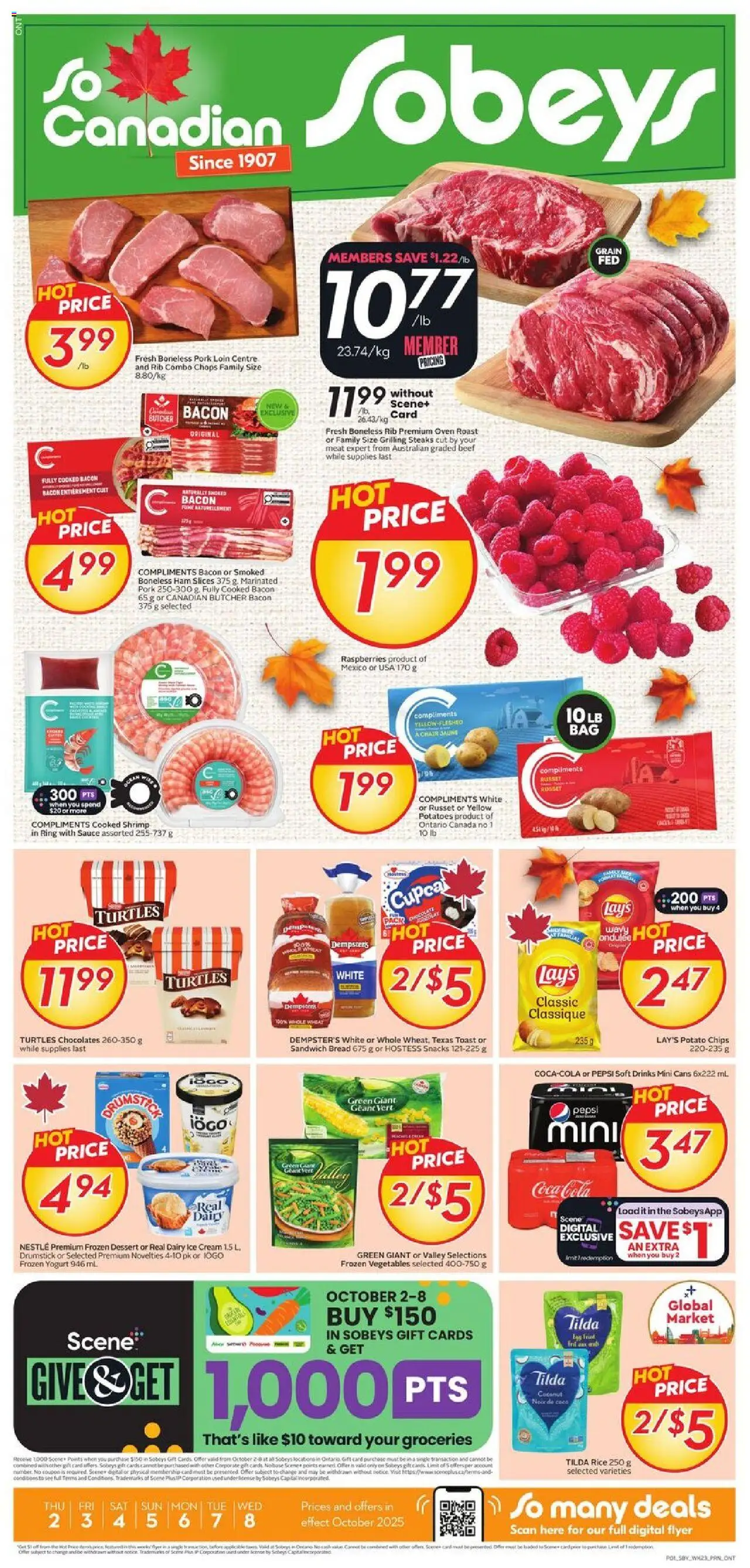 Sobeys flyer valid from 02.10.2025 | Page: 1 | Products: Chips, Potatoes, Ham, Pork
