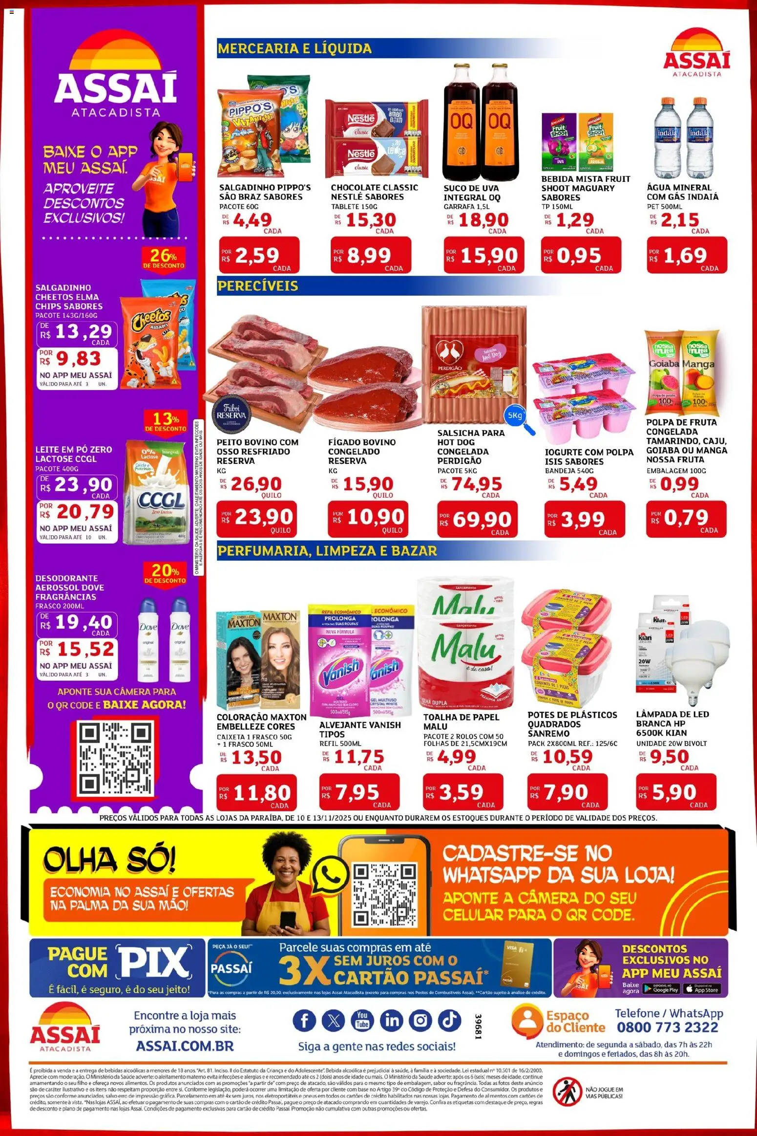 Assaí Atacadista Folheto - válido de 10.11.2025 | Página: 2 | Produtos: Salsicha, Roupas, Bebida, Telefone