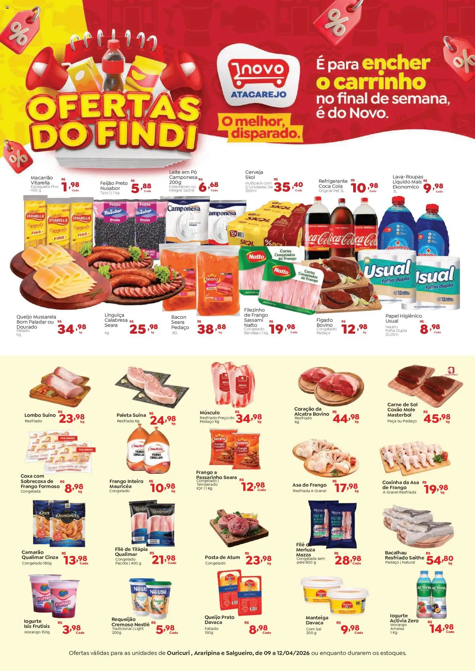 Novo Atacarejo Folheto - válido de 09.04.2026 | Página: 1 | Produtos: Feijão, Linguiça, Tilápia, Refrigerante