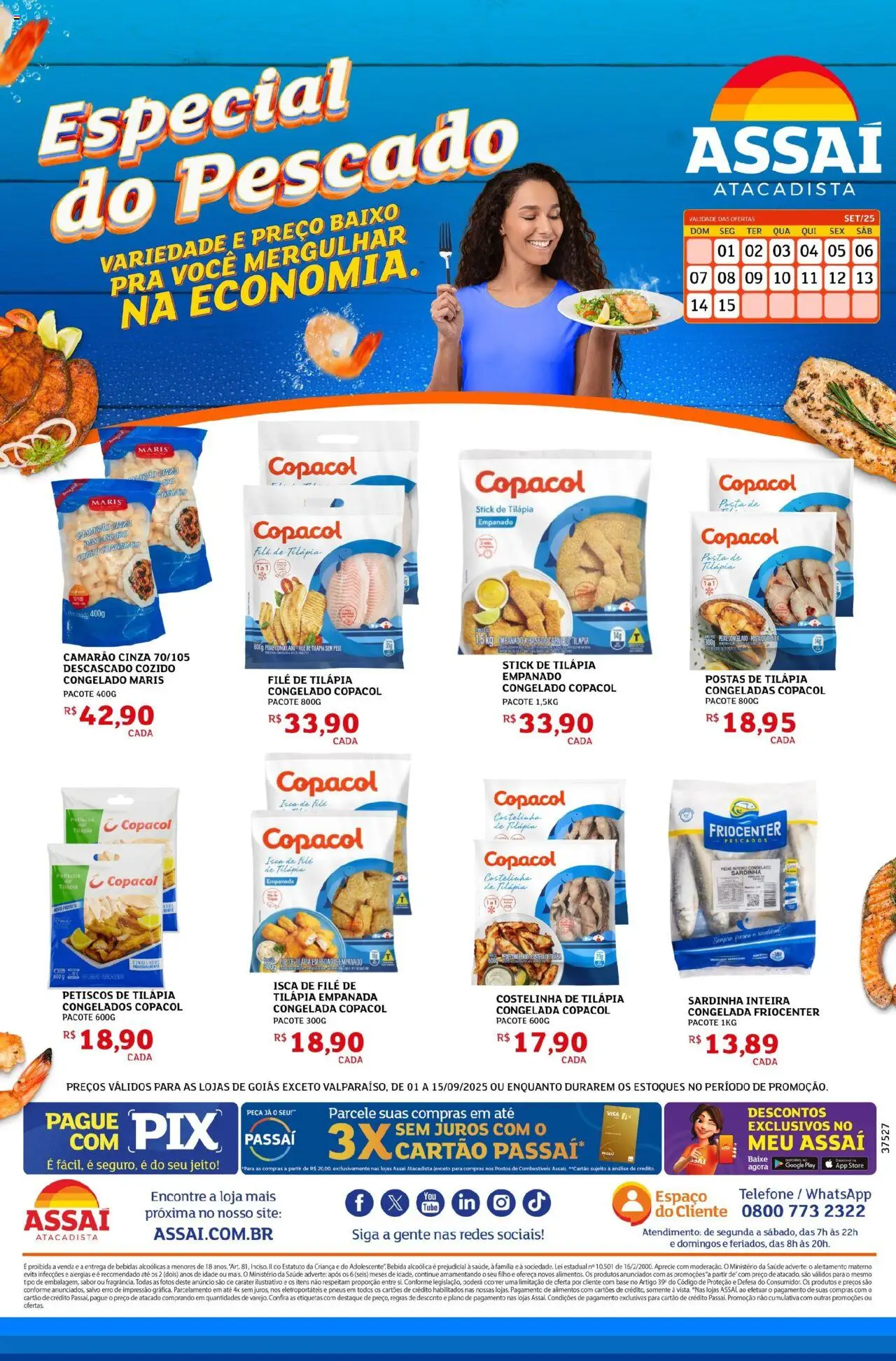 Assaí Atacadista Folheto - válido de 01.09.2025 | Página: 1 | Produtos: Camarão, Base, Sardinha, Filé de tilápia