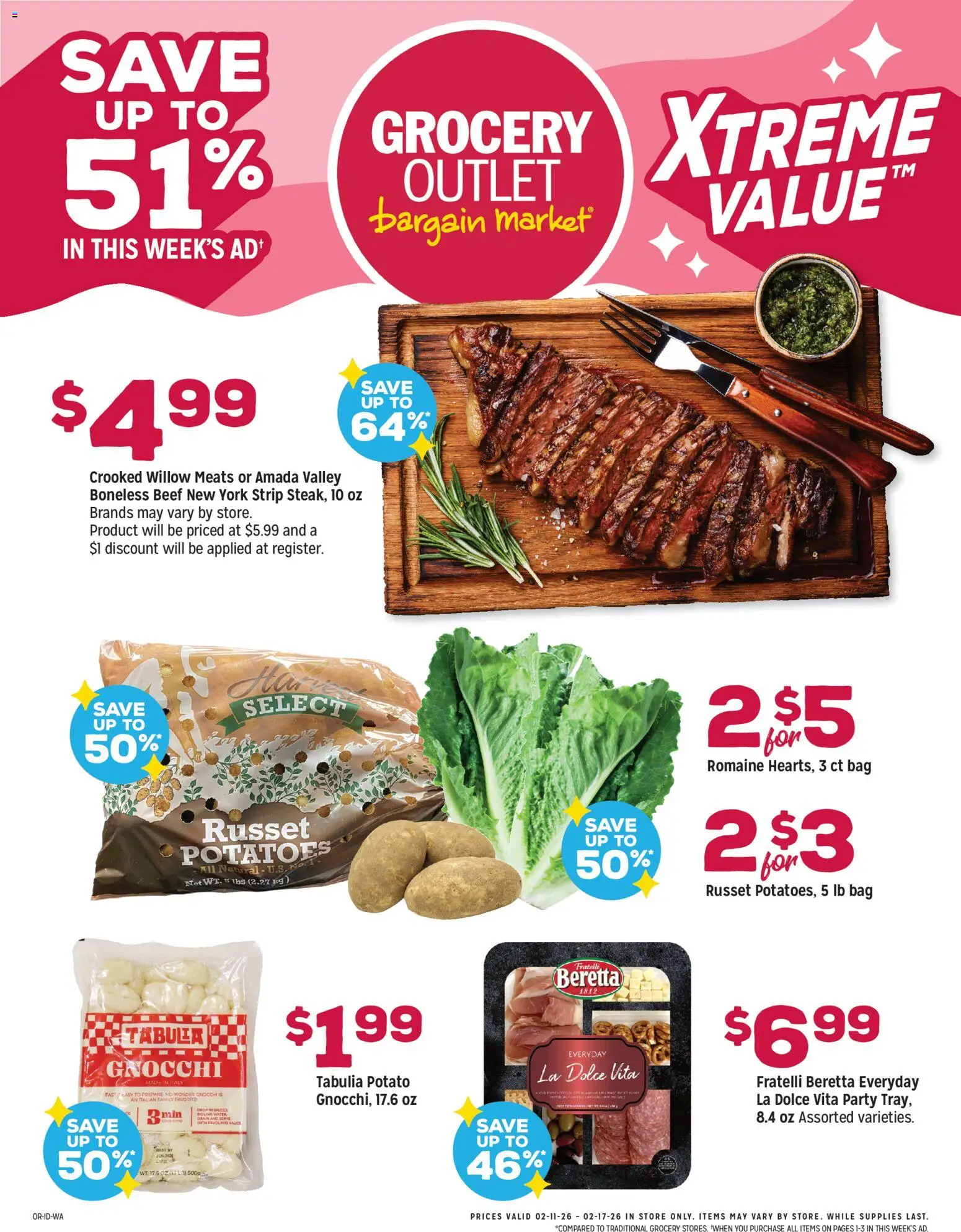 Grocery Outlet Weekly Ad - ID - valid from 11.02.2026 | Page: 1 | Products: Romaine, Beef, Sauce, Bag