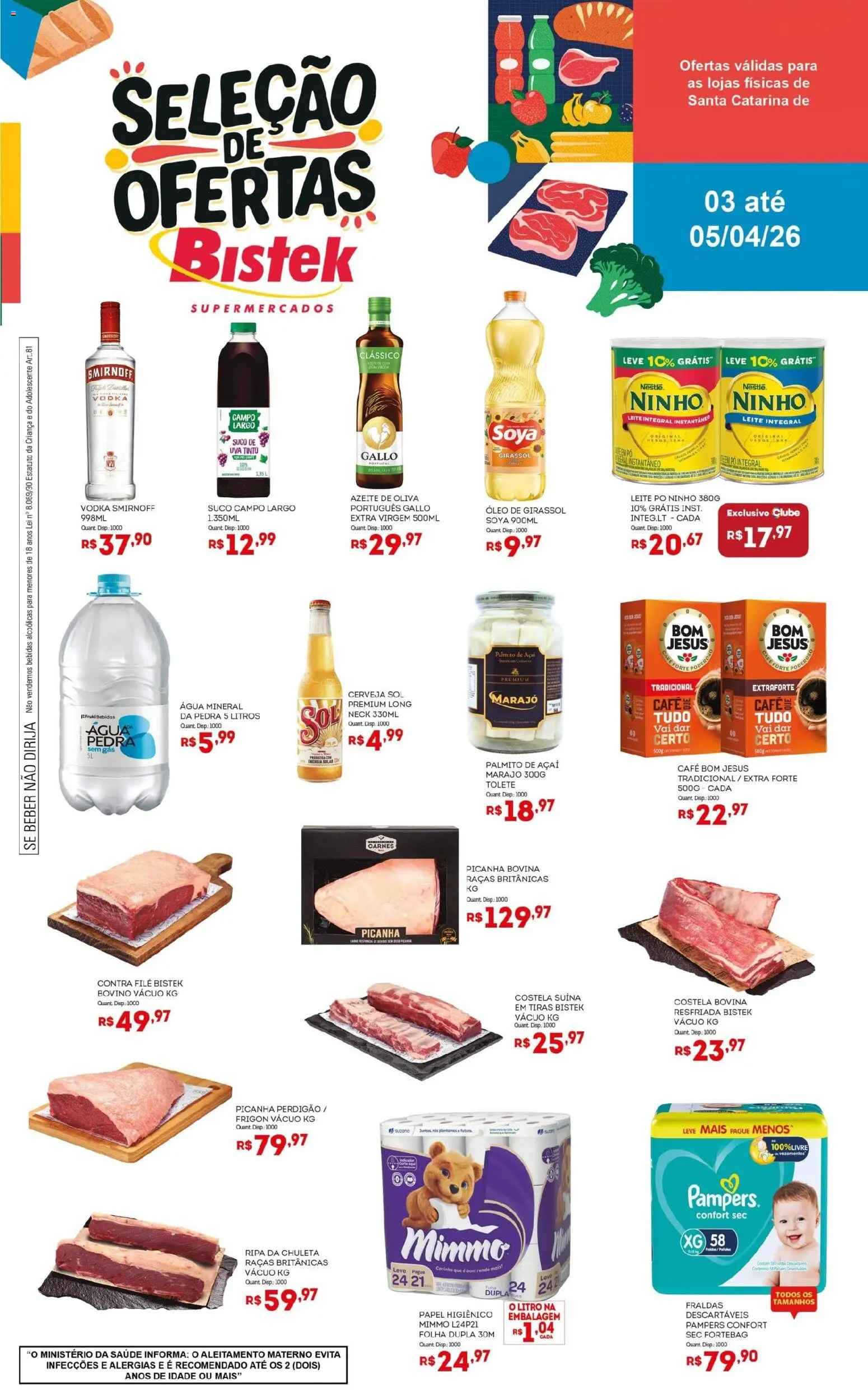 Bistek Supermercados Folheto - válido de 03.04.2026 | Página: 1 | Produtos: Contra filé, Café, Fraldas, Azeite