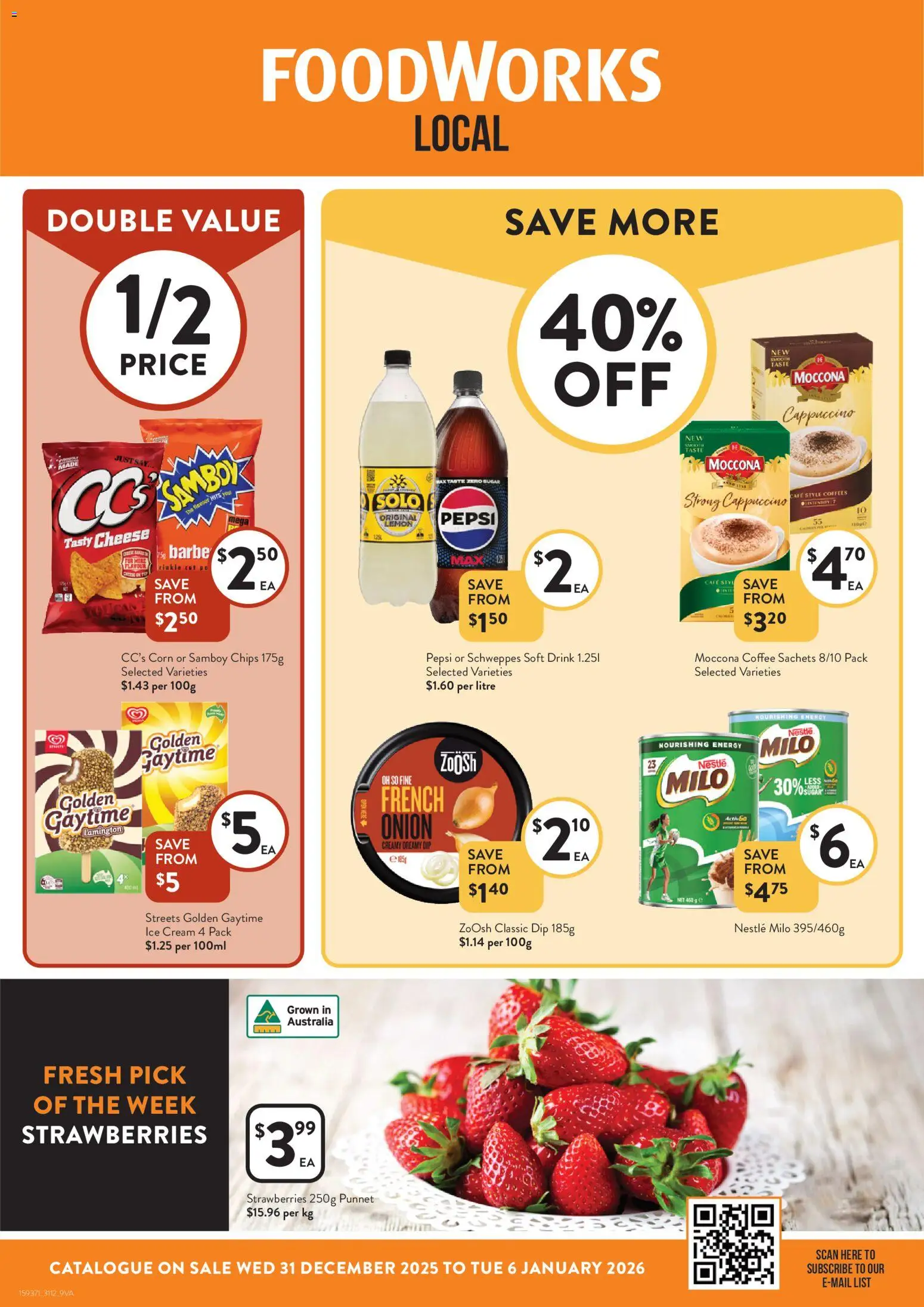 Foodworks catalogue - valid from 31.12.2025 | Page: 1 | Products: Cheese, Strawberries, Chips, Moccona