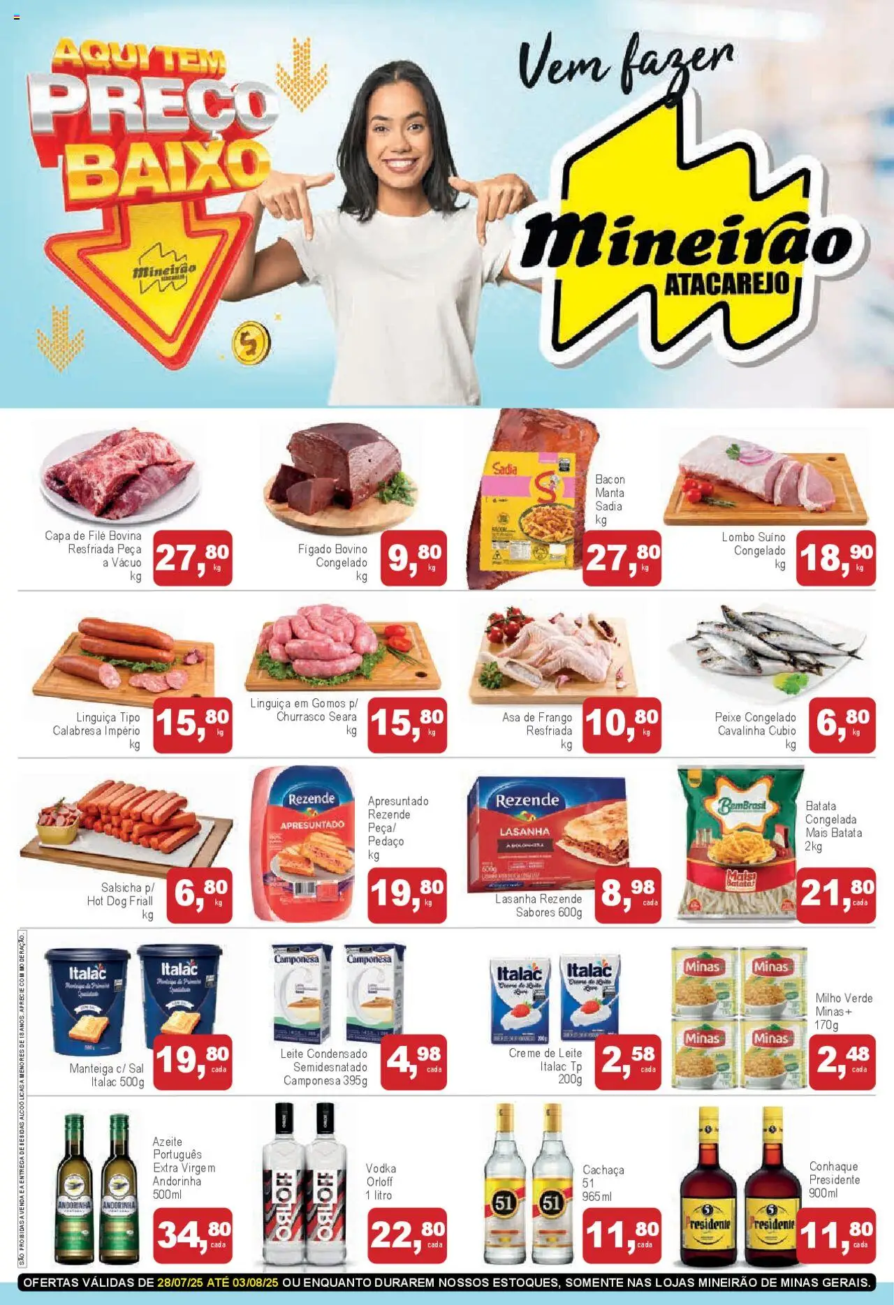 Mineirão Atacarejo Folheto - válido de 28.07.2025 | Página: 1 | Produtos: Conhaque, Creme, Baixo, Lasanha rezende