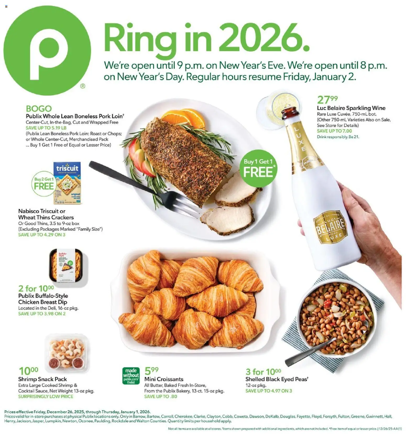 Publix Weekly Ad - valid from 26.12.2025 | Page: 1 | Products: Ring, Pork, Croissants, Weight