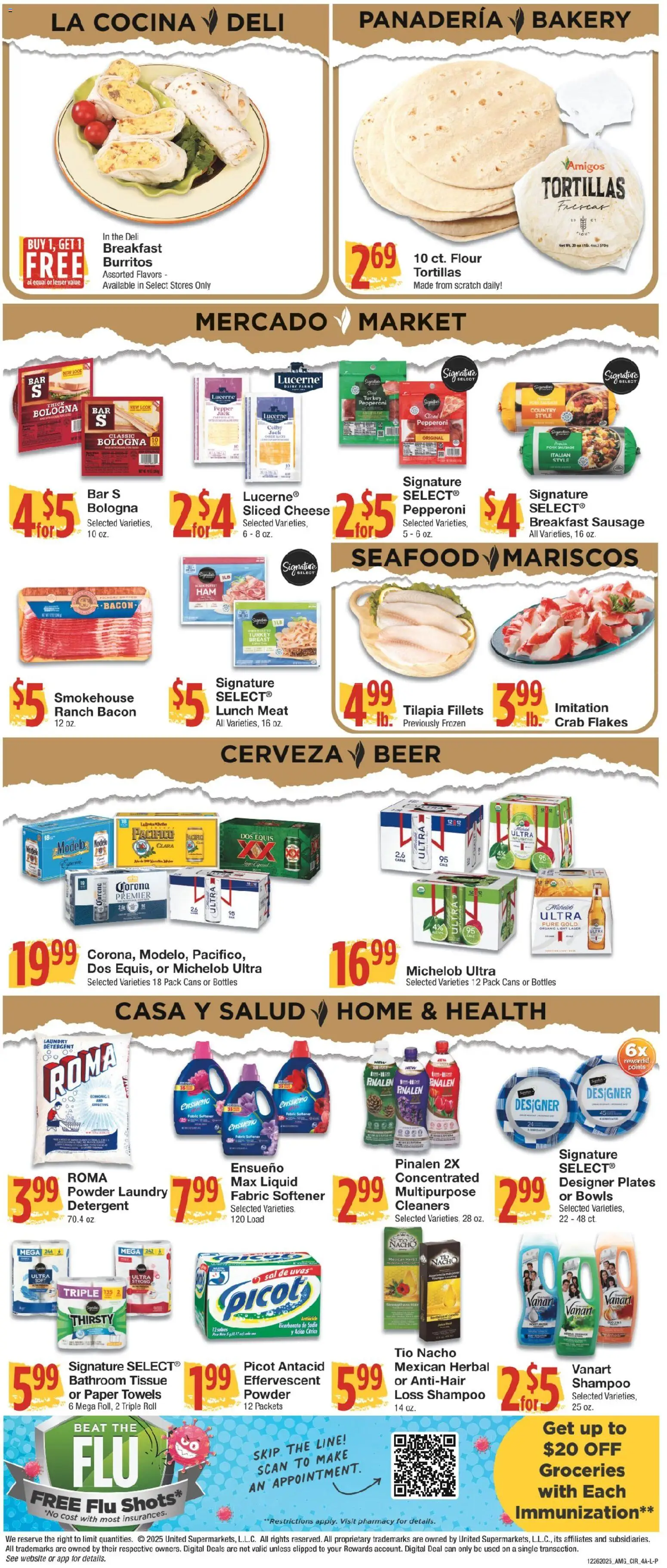 United Supermarkets Ad - valid from 26.12.2025 | Page: 4 | Products: Cheese, Beer, Flakes, Oven