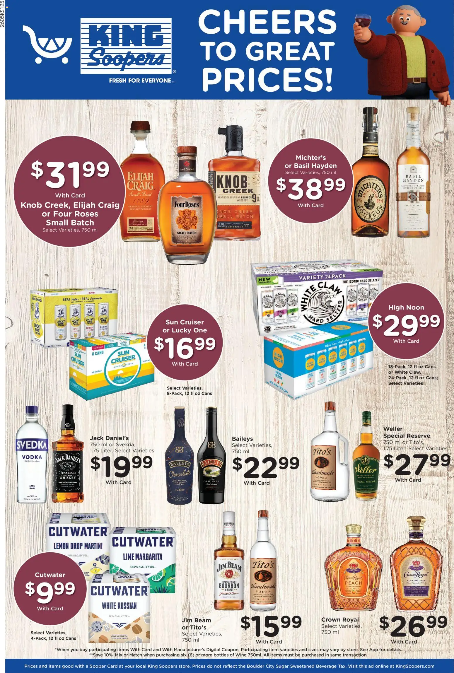 King Soopers Adult Beverage - valid from 25.03.2026 | Page: 1 | Products: Wine, Whiskey, Sugar, Peach