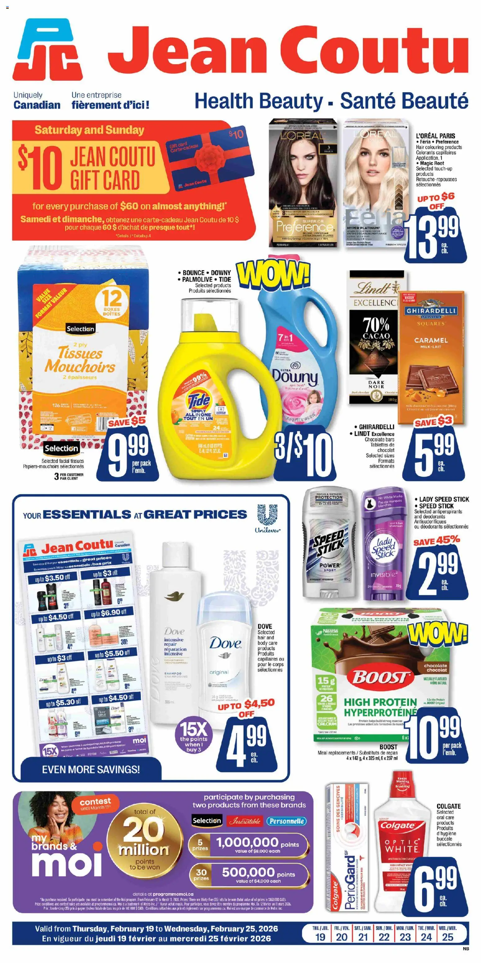Jean Coutu flyer valid from 19.02.2026 | Page: 1 | Products: Shampoo, Milk, Chocolate
