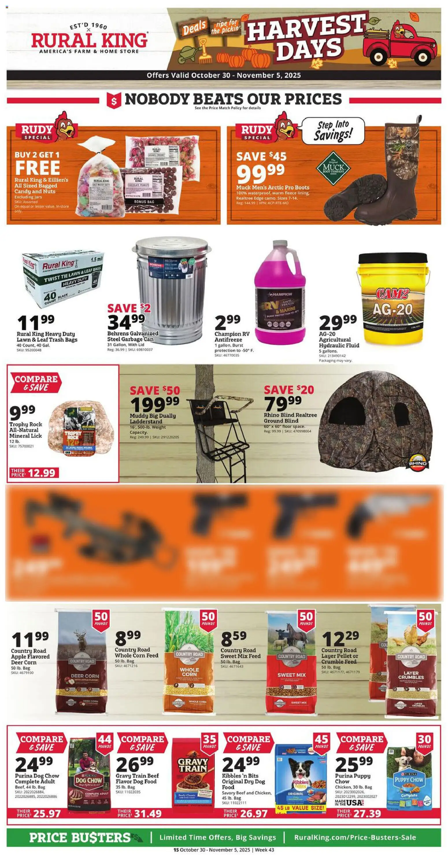 Rural King Weekly Ad - valid from 30.10.2025 | Page: 1 | Products: Dog Food, Beef, Nuts, Boots