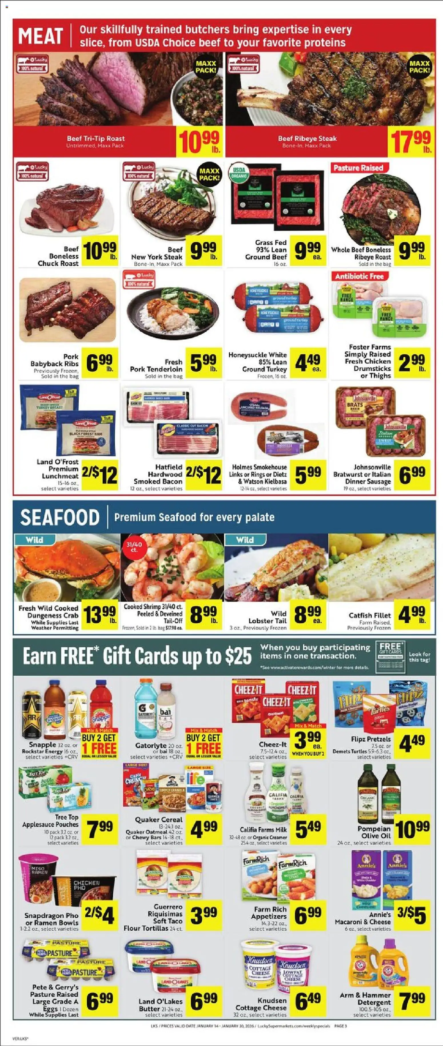 Lucky Supermarkets Weekly Ad - valid from 14.01.2026 | Page: 3 | Products: Oil, Seafood, Sausage, Date