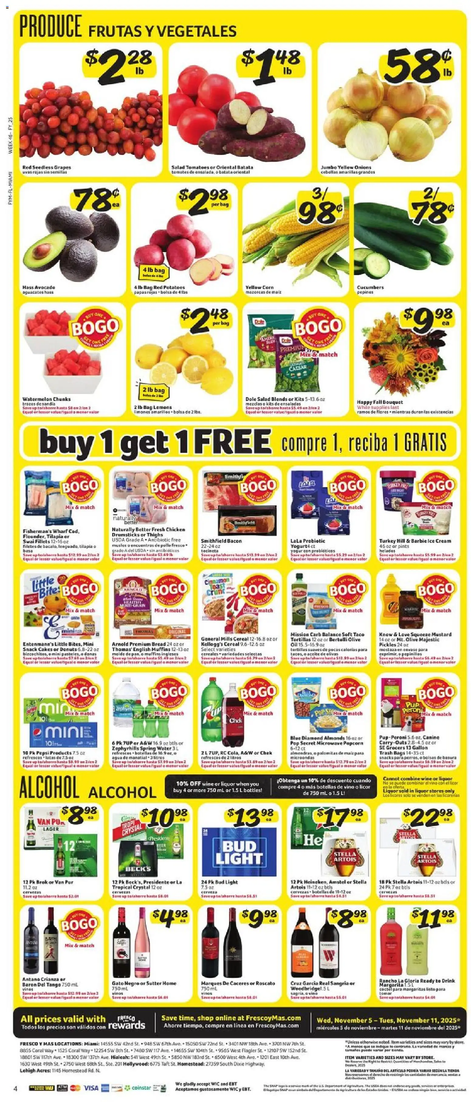 Fresco y Más Weekly Ad - valid from 05.11.2025 | Page: 4 | Products: Corn, Bread, Grapes, Bag