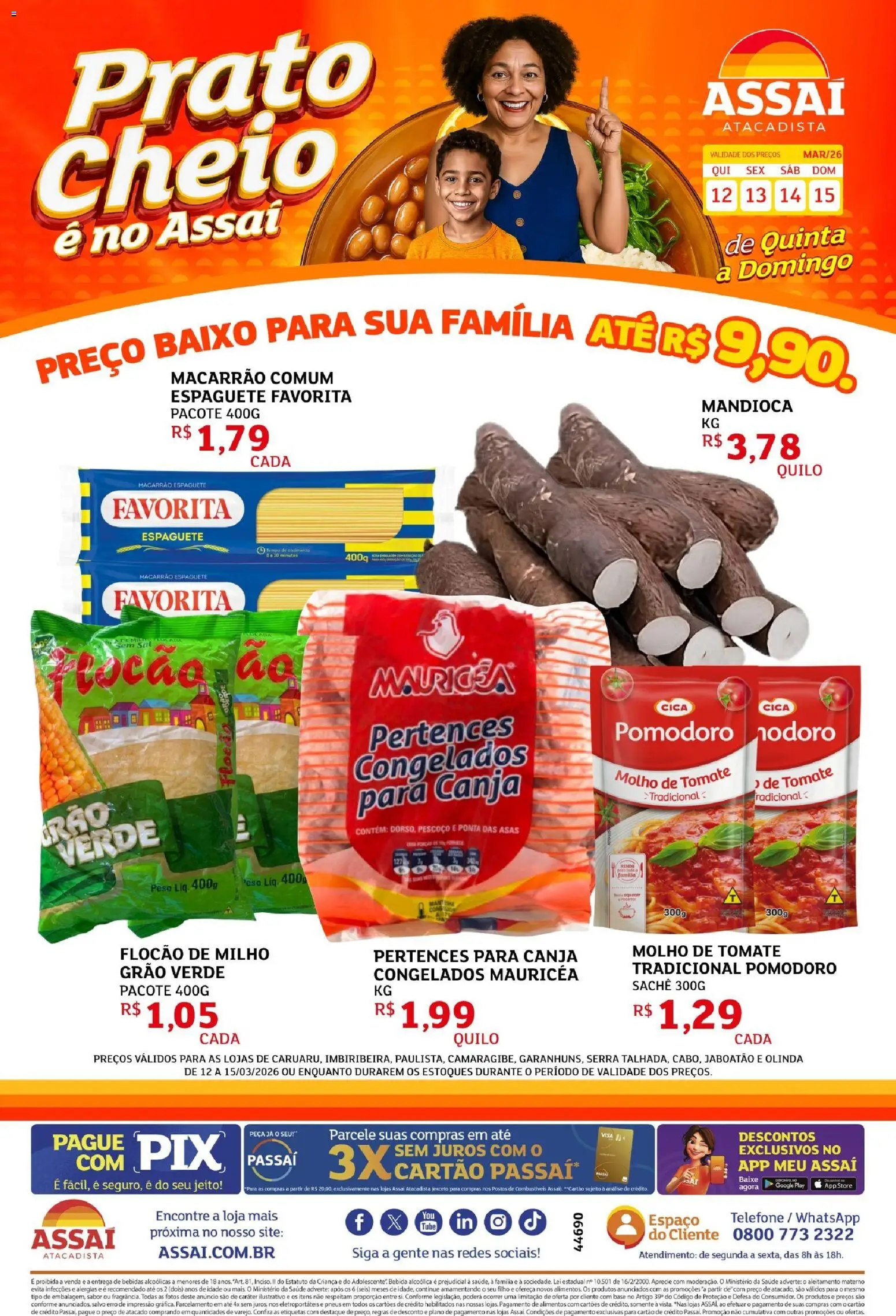 Assaí Atacadista Folheto - válido de 12.03.2026 | Página: 1 | Produtos: Mandioca, Molho de tomate, Base, Telefone
