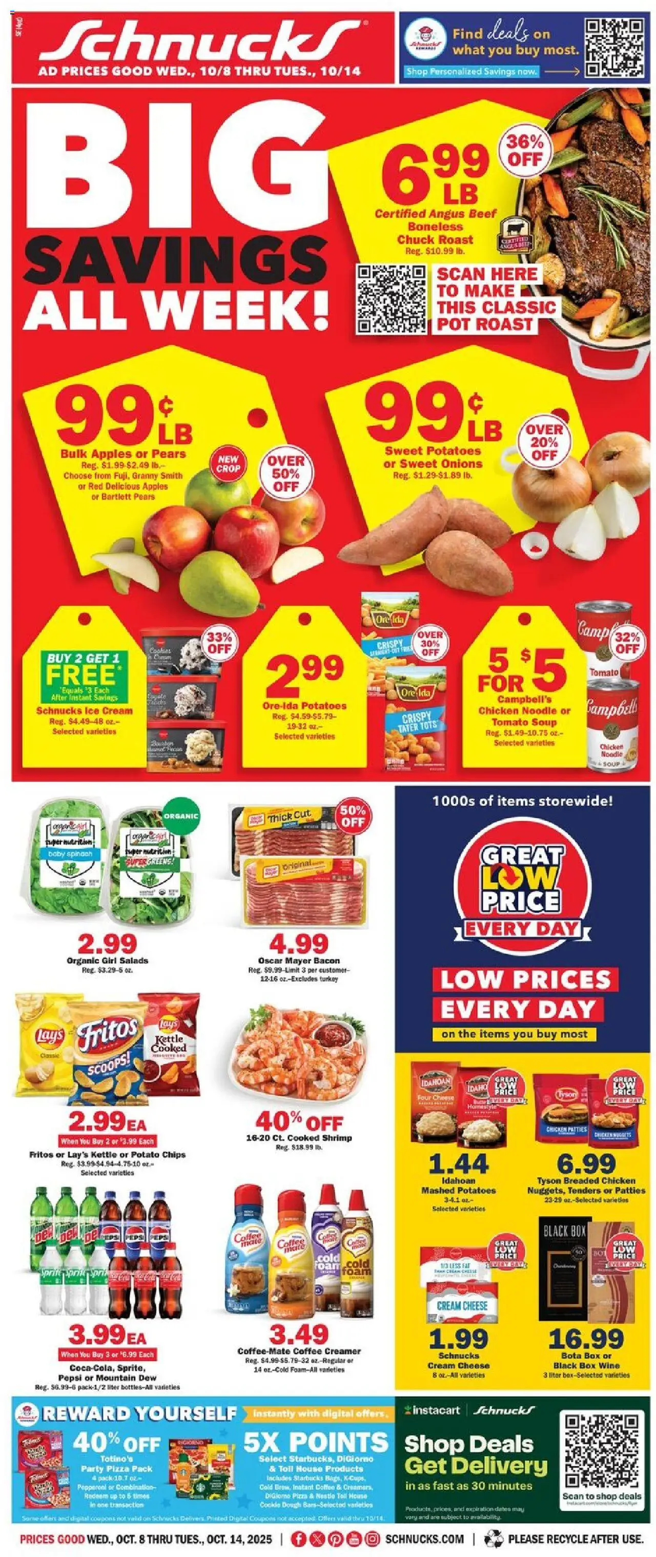Schnucks Weekly Print Ad - IN - valid from 08.10.2025 | Page: 1 | Products: Wine, Apples, Chips, Ice cream
