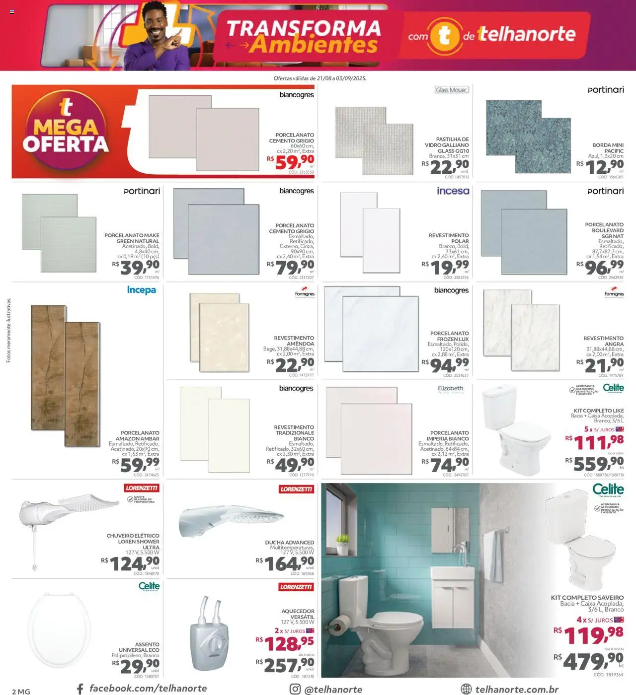 Telhanorte Folheto - válido de 21.08.2025 | Página: 2 | Produtos: Porcelanato, Caixa, Chuveiro elétrico, Aquecedor
