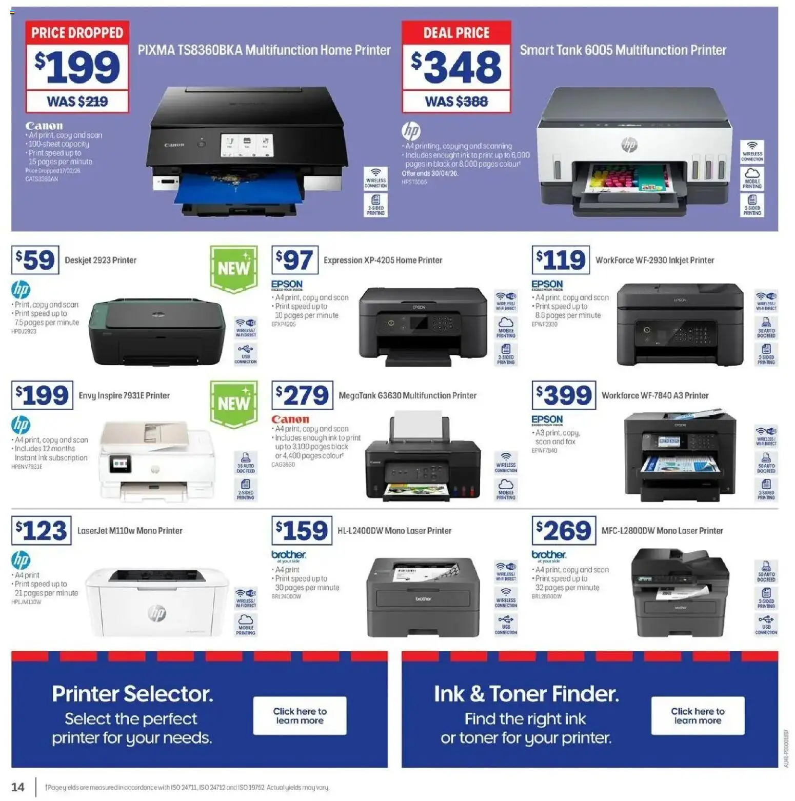 Officeworks catalogue - valid from 31.03.2026 | Page: 14 | Products: Printer, Inkjet printer, Laser printer, Mobile