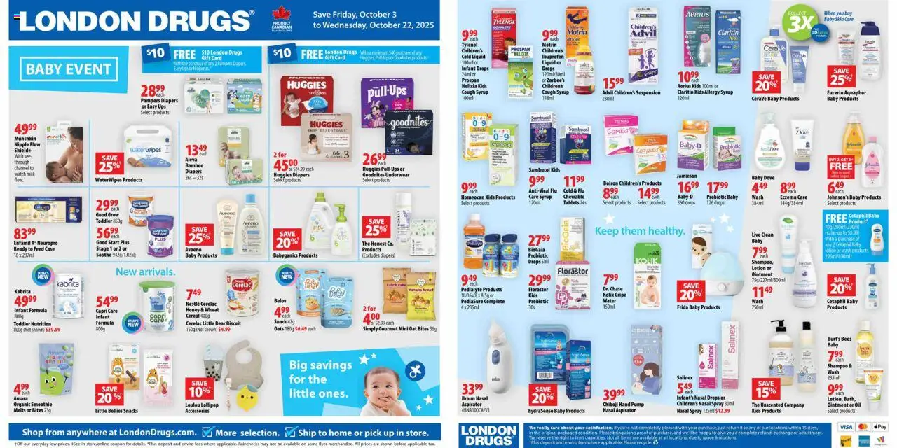 London Drugs flyer valid from 03.10.2025 | Page: 1 | Products: Case, Milk, Oil, Underwear