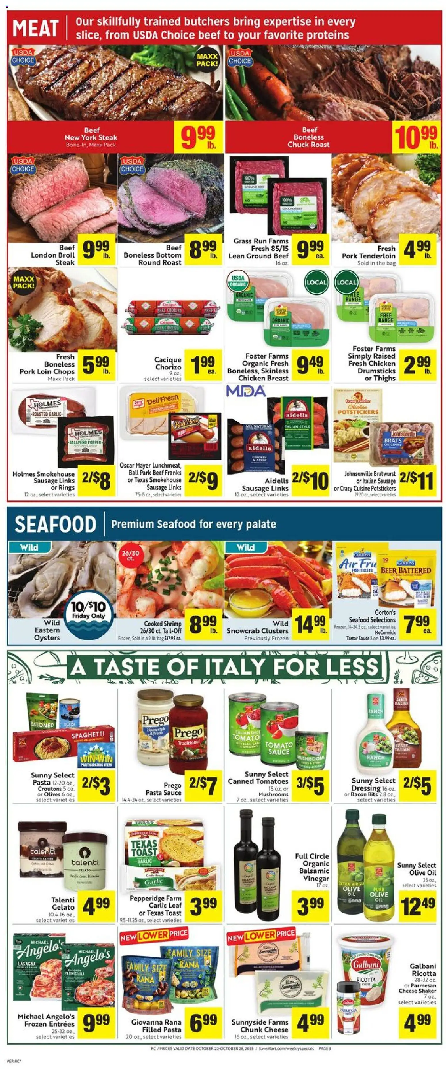 Save Mart Weekly Ad - valid from 22.10.2025 | Page: 3 | Products: Cheese, Pork, Garlic, Date